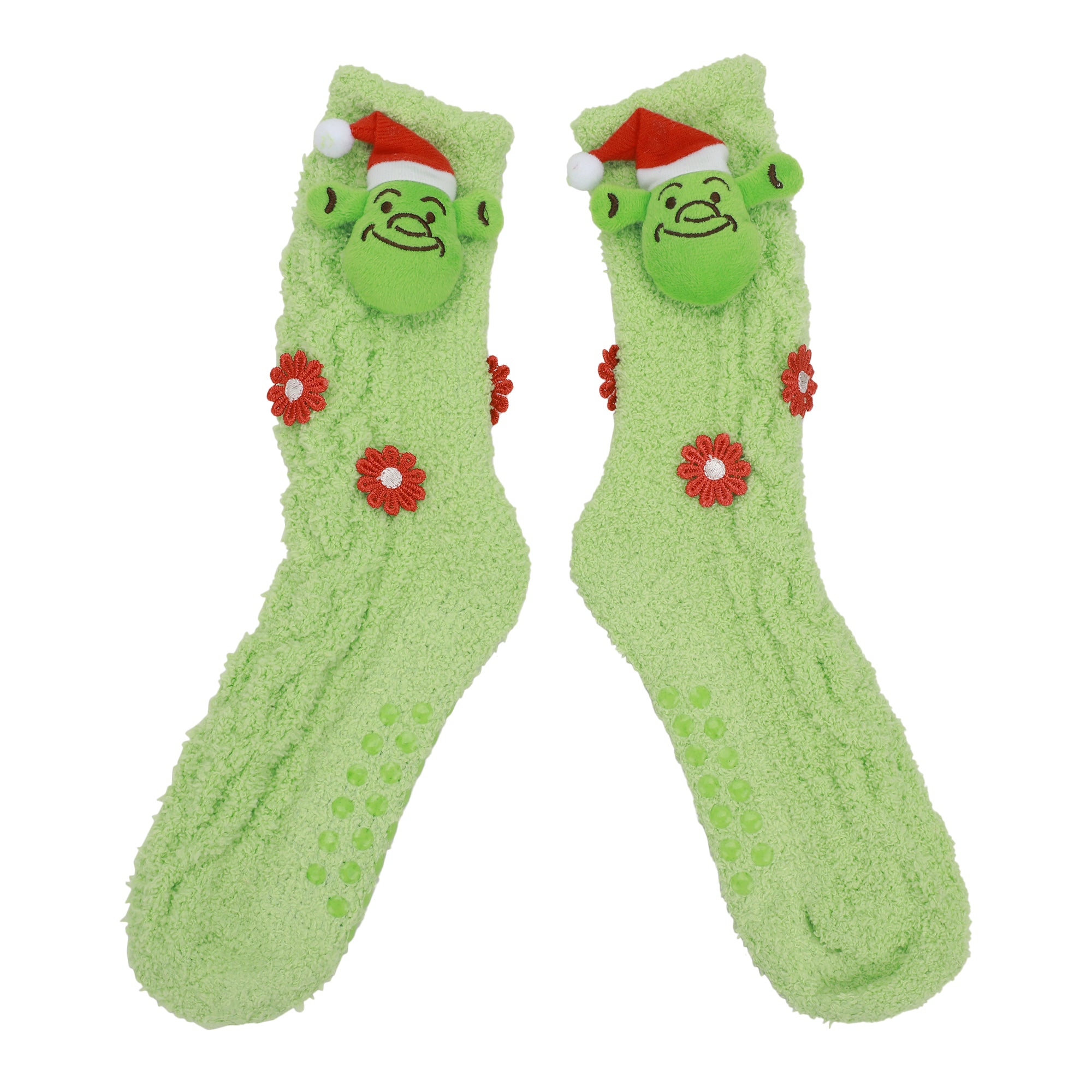 Shrek Plush Santa Shrek Head Women's Green Chenille Crew Socks