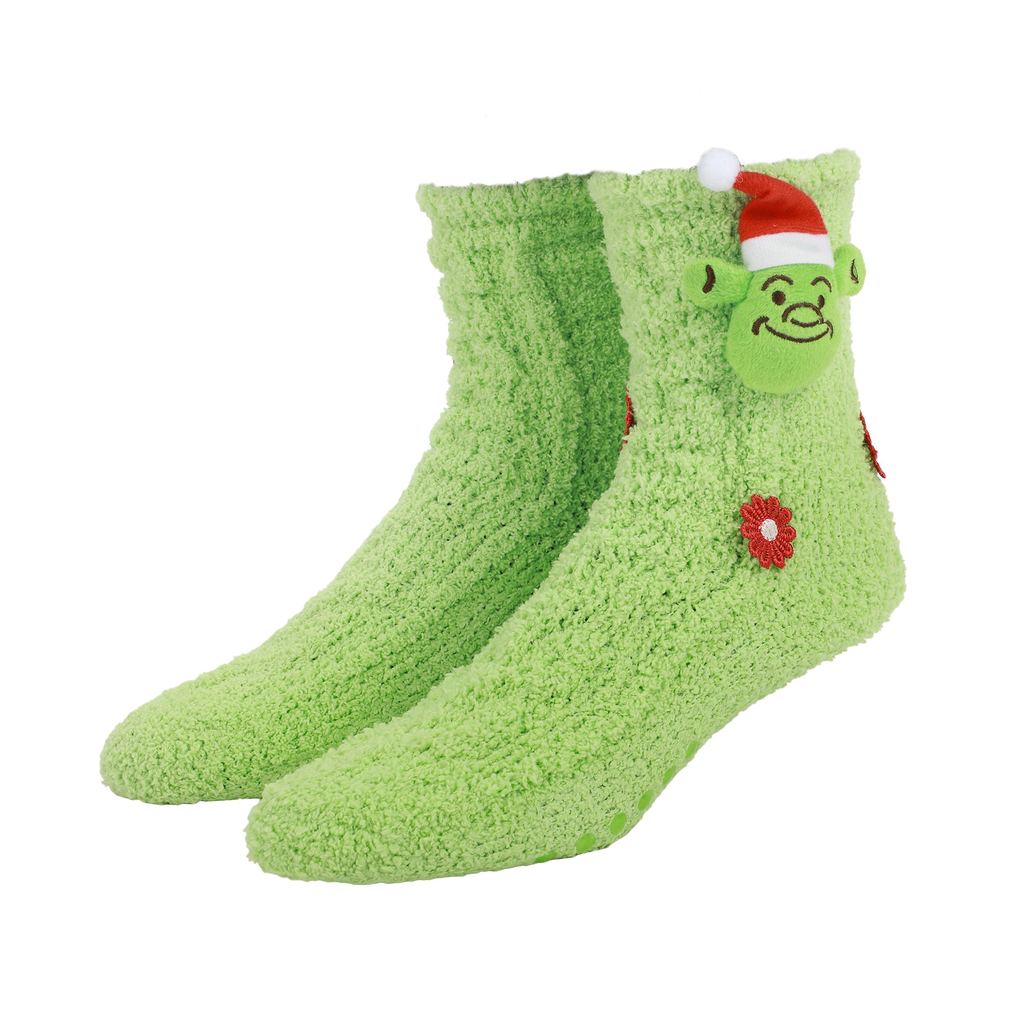 Shrek Plush Santa Shrek Head Women's Green Chenille Crew Socks