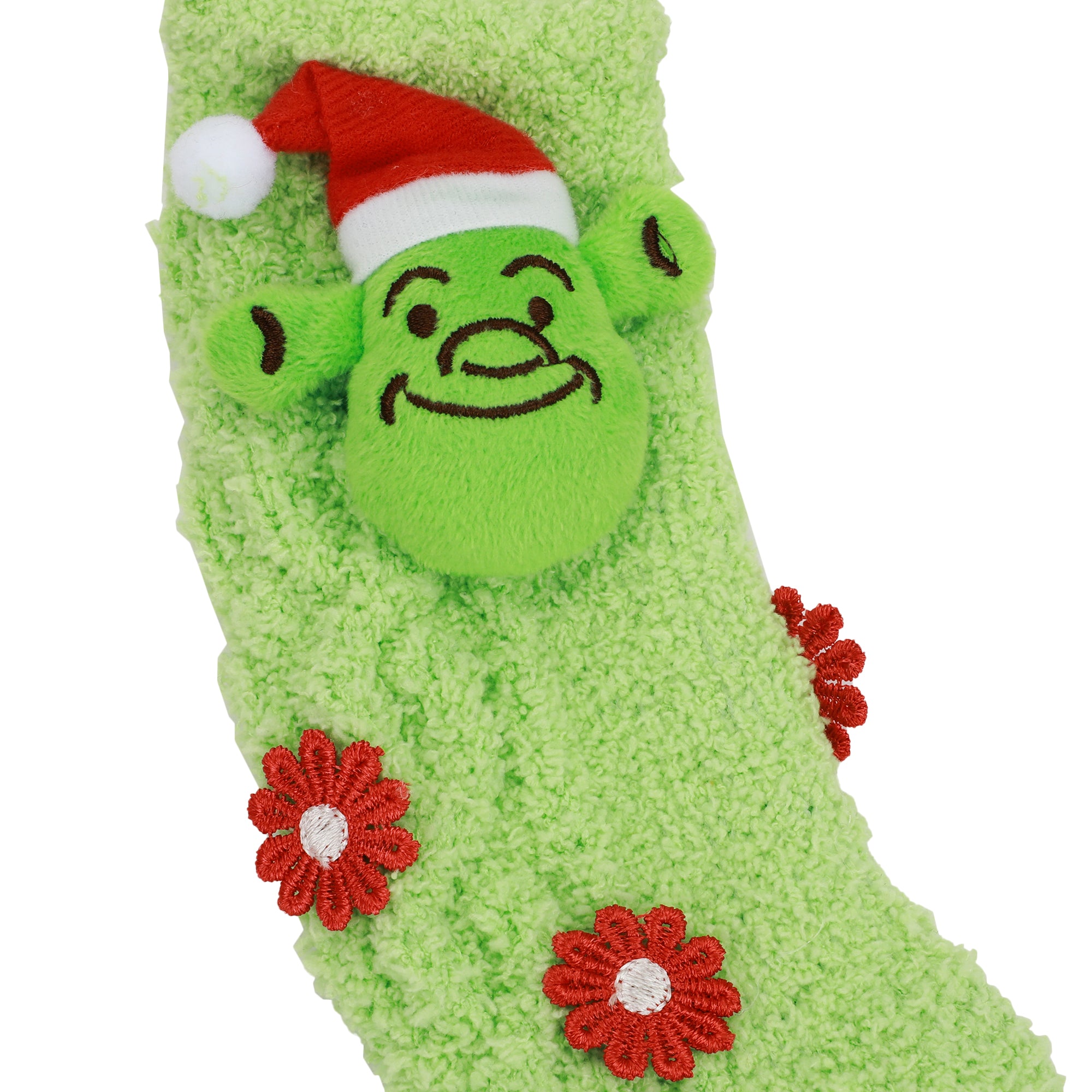 Shrek Plush Santa Shrek Head Women's Green Chenille Crew Socks