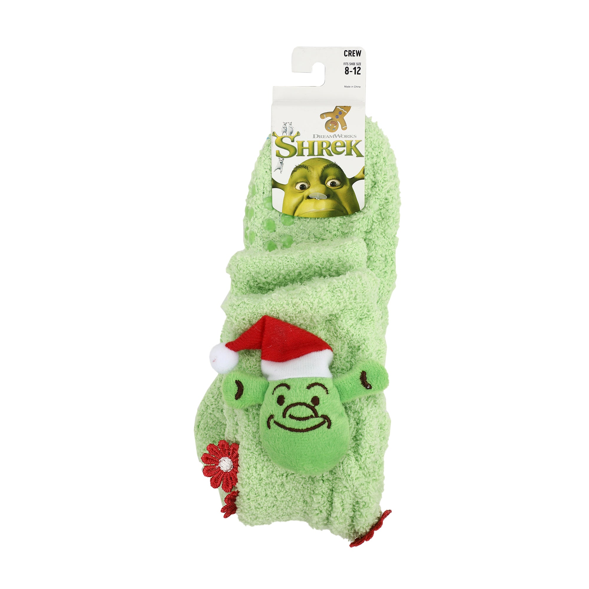 Shrek Plush Santa Shrek Head Women's Green Chenille Crew Socks
