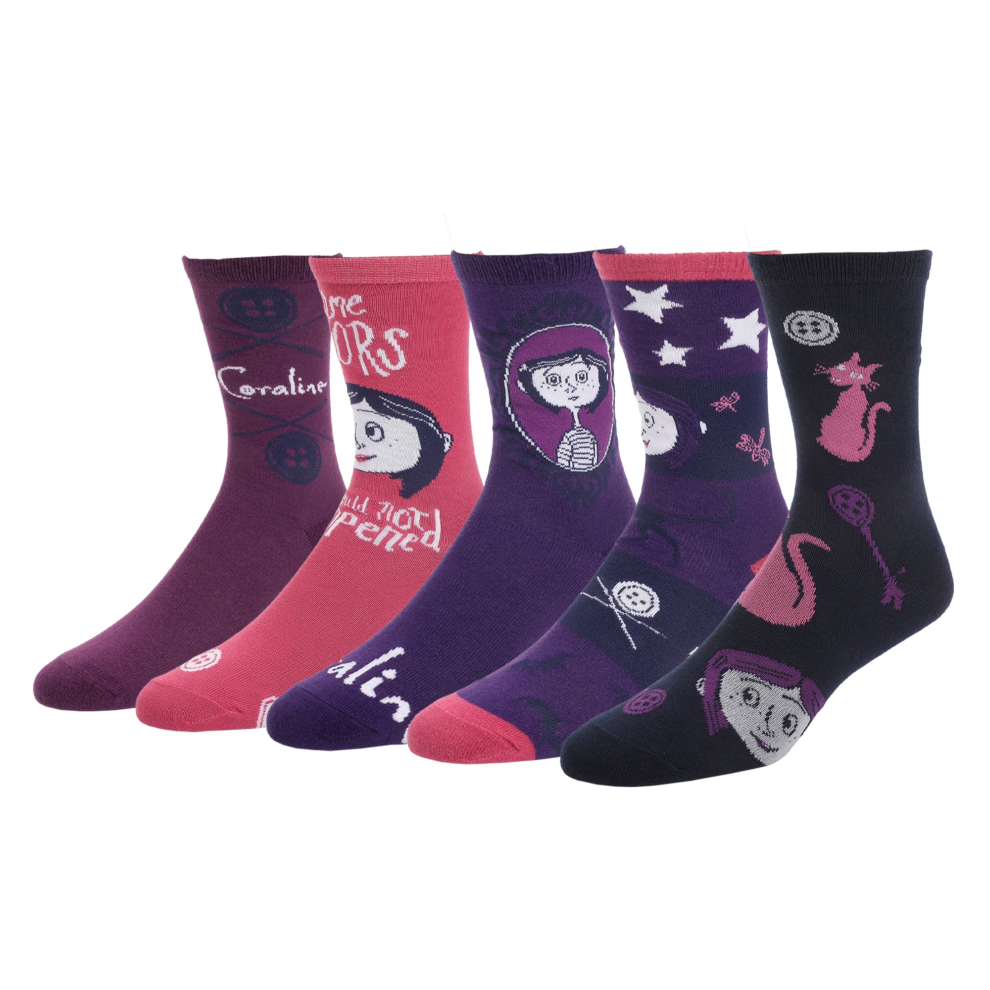 Coraline Mixed Icons Womens Casual Crew Socks 5 Pack