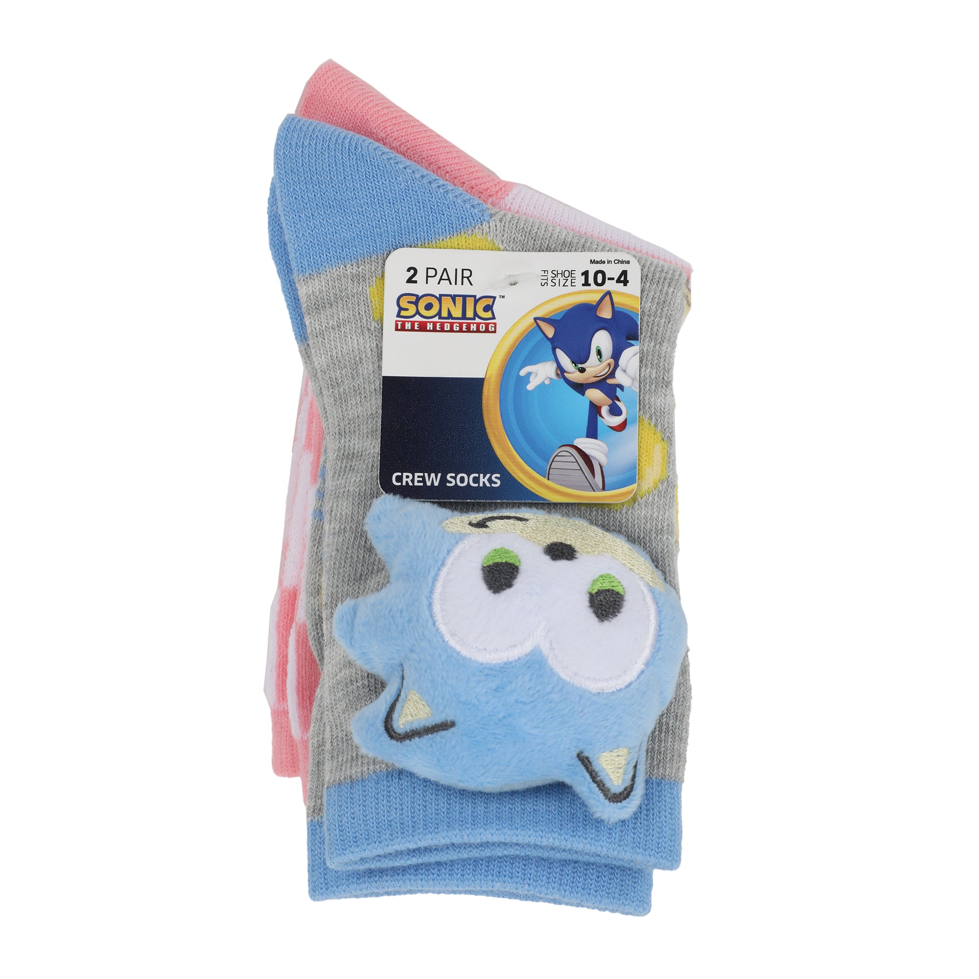 Sonic The Hedgehog 3D Plush Sonic & Amy Head Youth Girls 2-Pair Crew Socks
