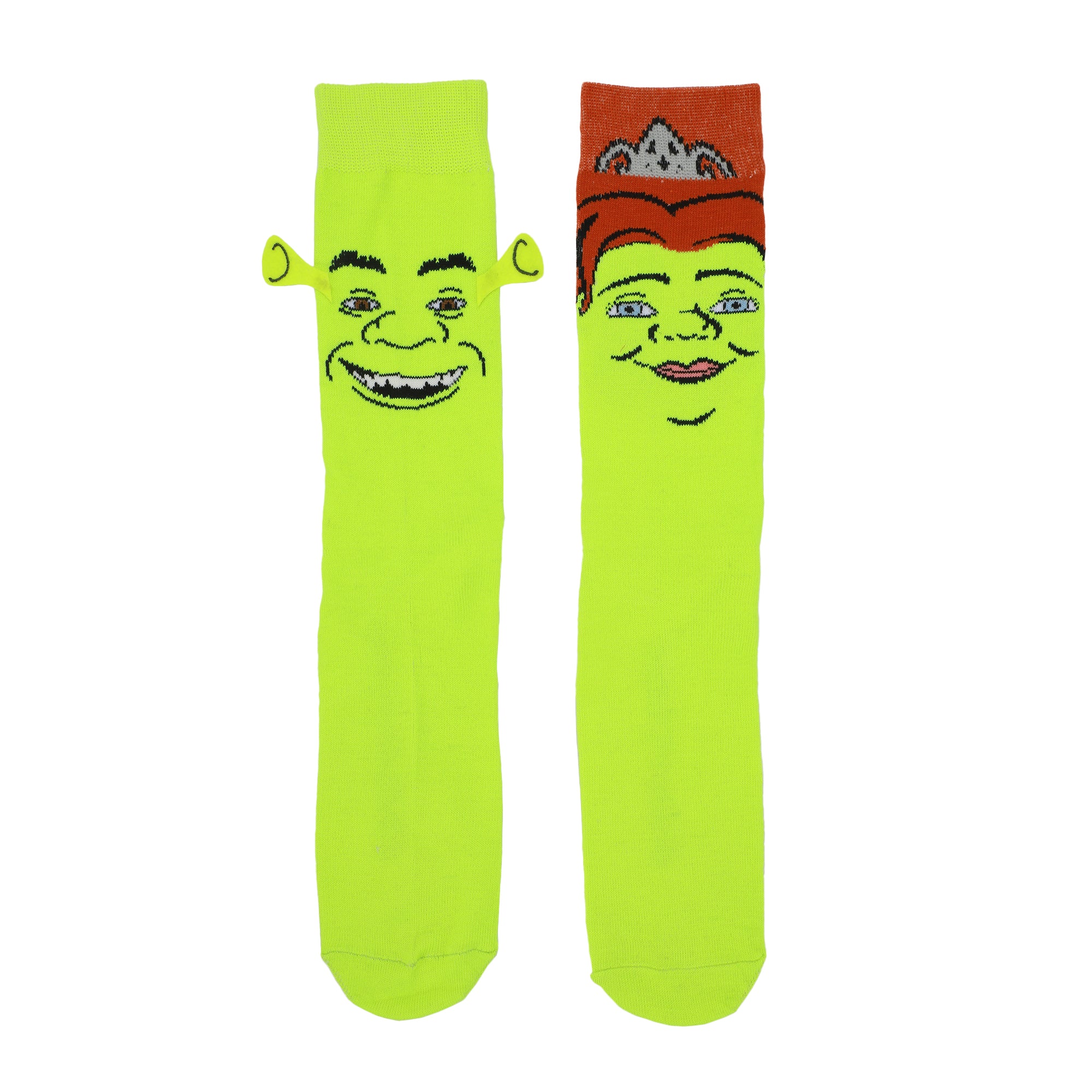 Shrek Fiona & Shrek Faces With 3D Ears Men's Green Casual Crew Socks