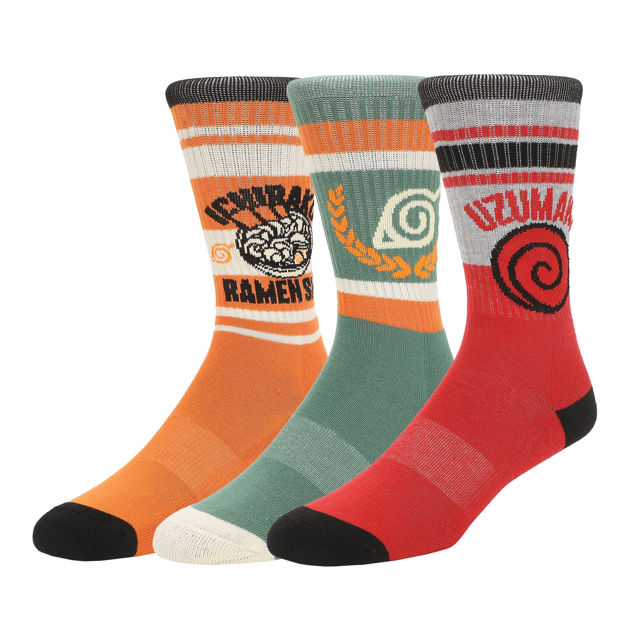 Naurto Uzumaki, Leaf and Ichiraku Striped Mens Athletic Crew Socks