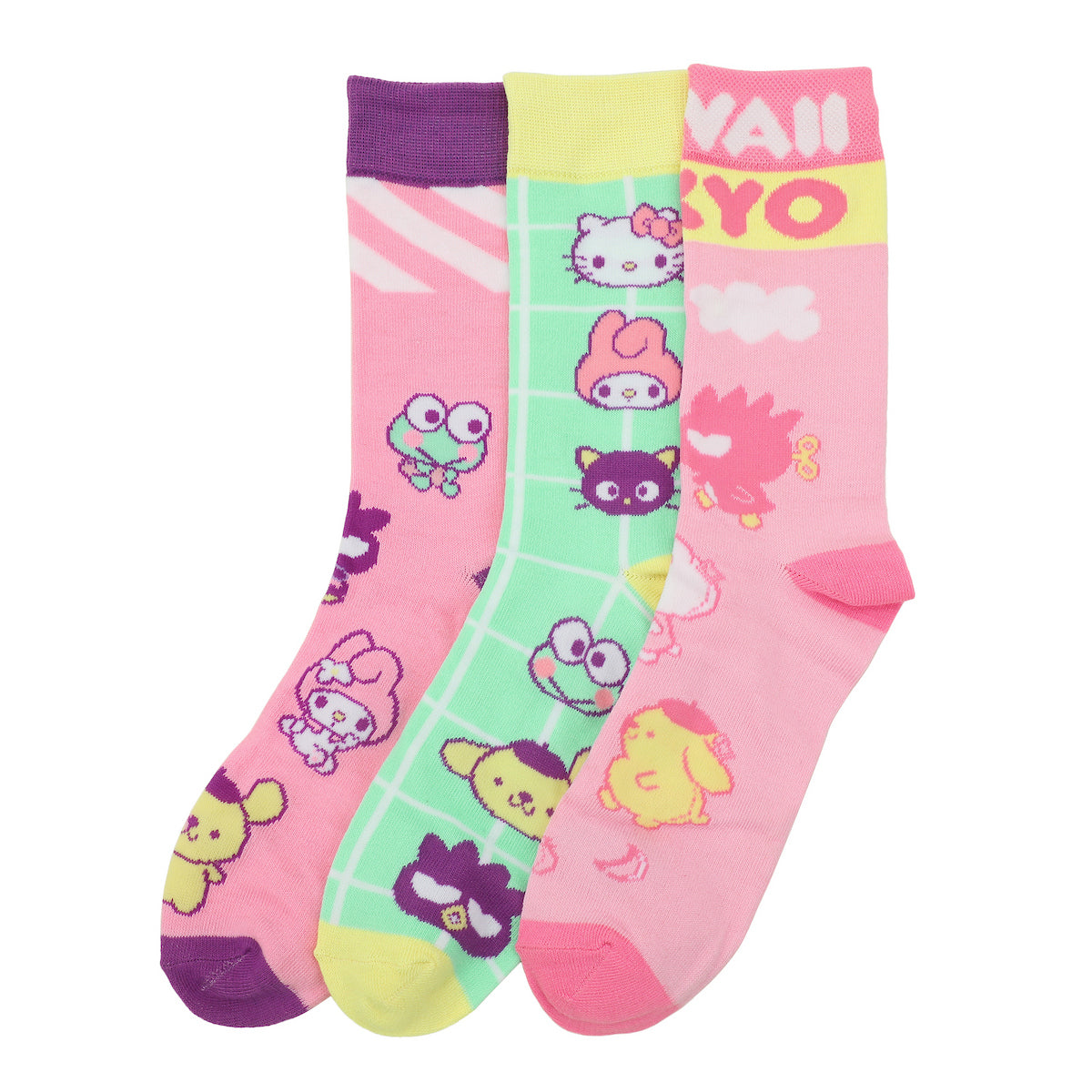 Hello Kitty & Friends Character Art Adult 3-Pair Casual Crew Socks Box Set