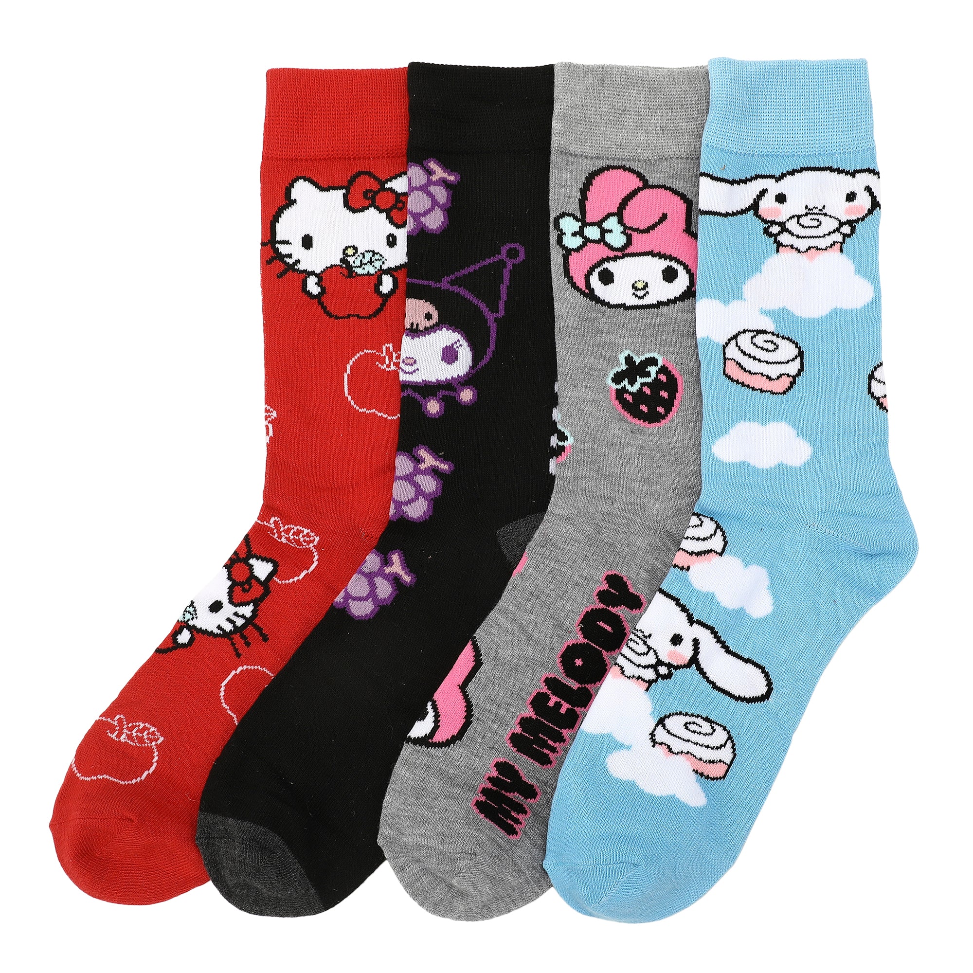 Hello Kitty Character Patterns Adult 4-Pack Casual Crew Socks-OSFA