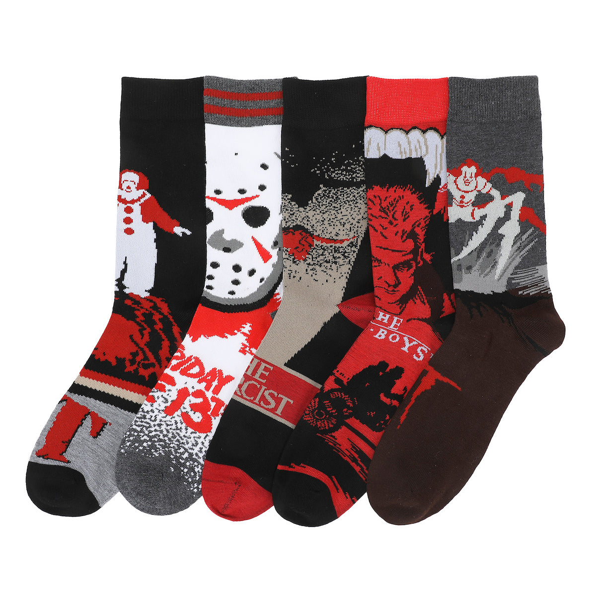WB Multi Horror Jason Mask It Penny Wise Exorcist Lost Boys With Vampire Teeth It 2 Pennywise Spider 5-Pack Casual Crew Socks