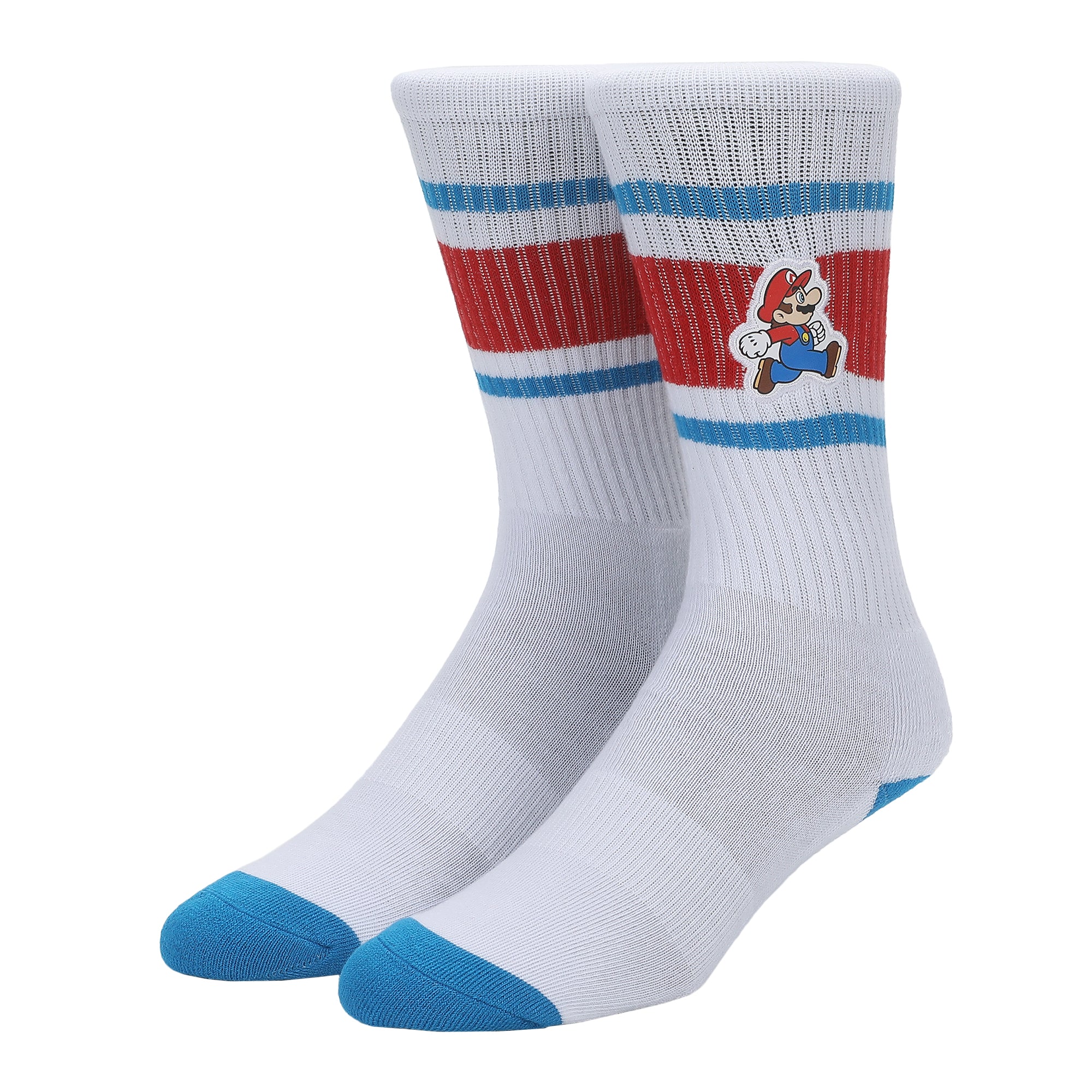 Super Mario Bros Jumping Mario Men's White & Blue Athletic Crew Socks