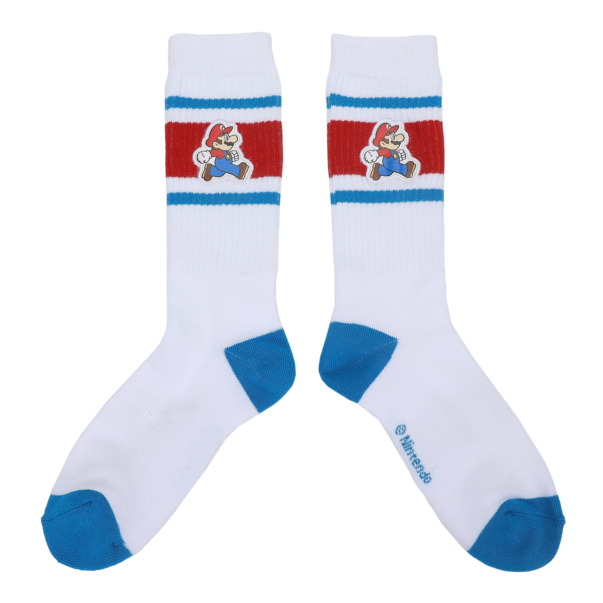 Super Mario Bros Jumping Mario Men's White & Blue Athletic Crew Socks