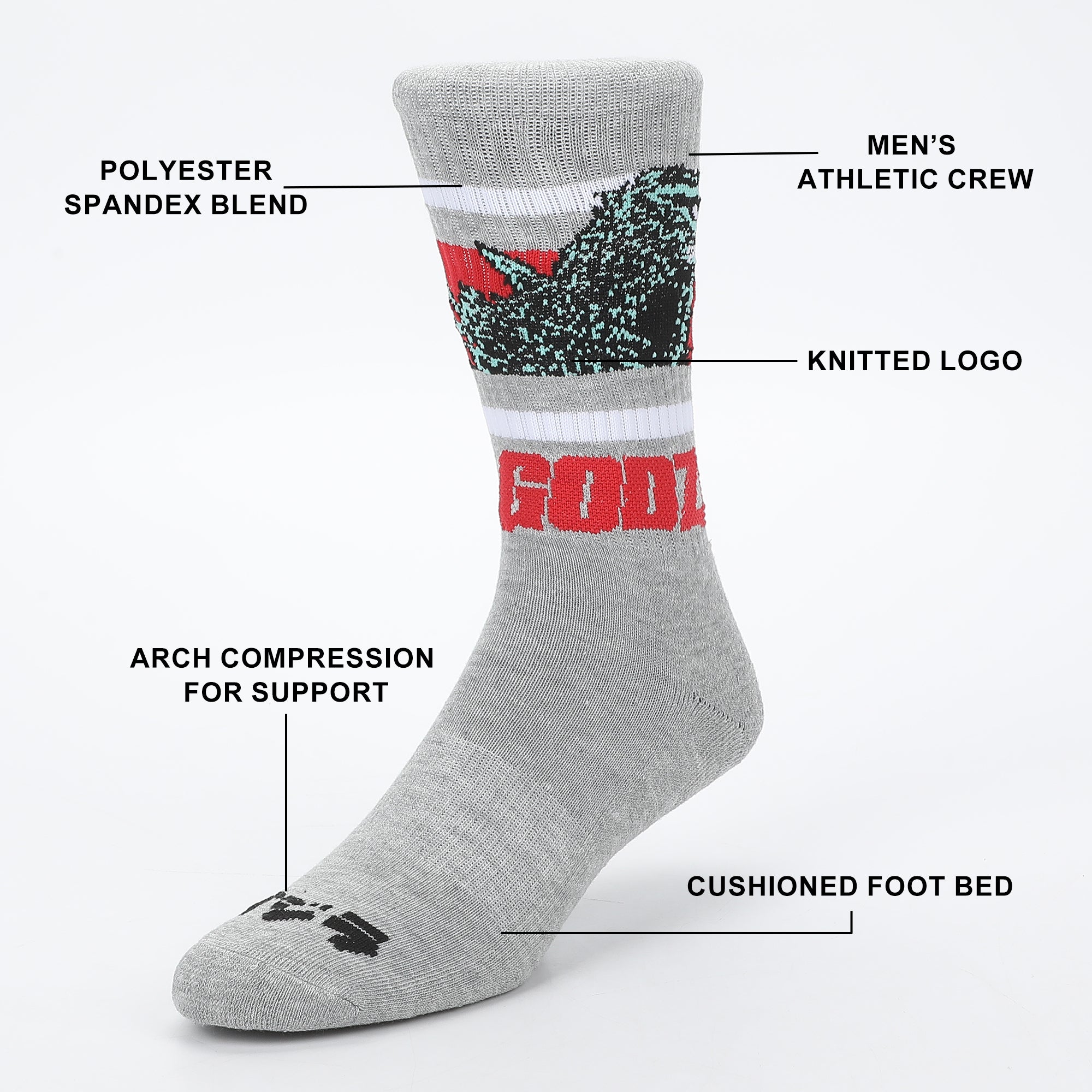Godzilla Monster & Name Text Men's Gray Athletic Crew Socks