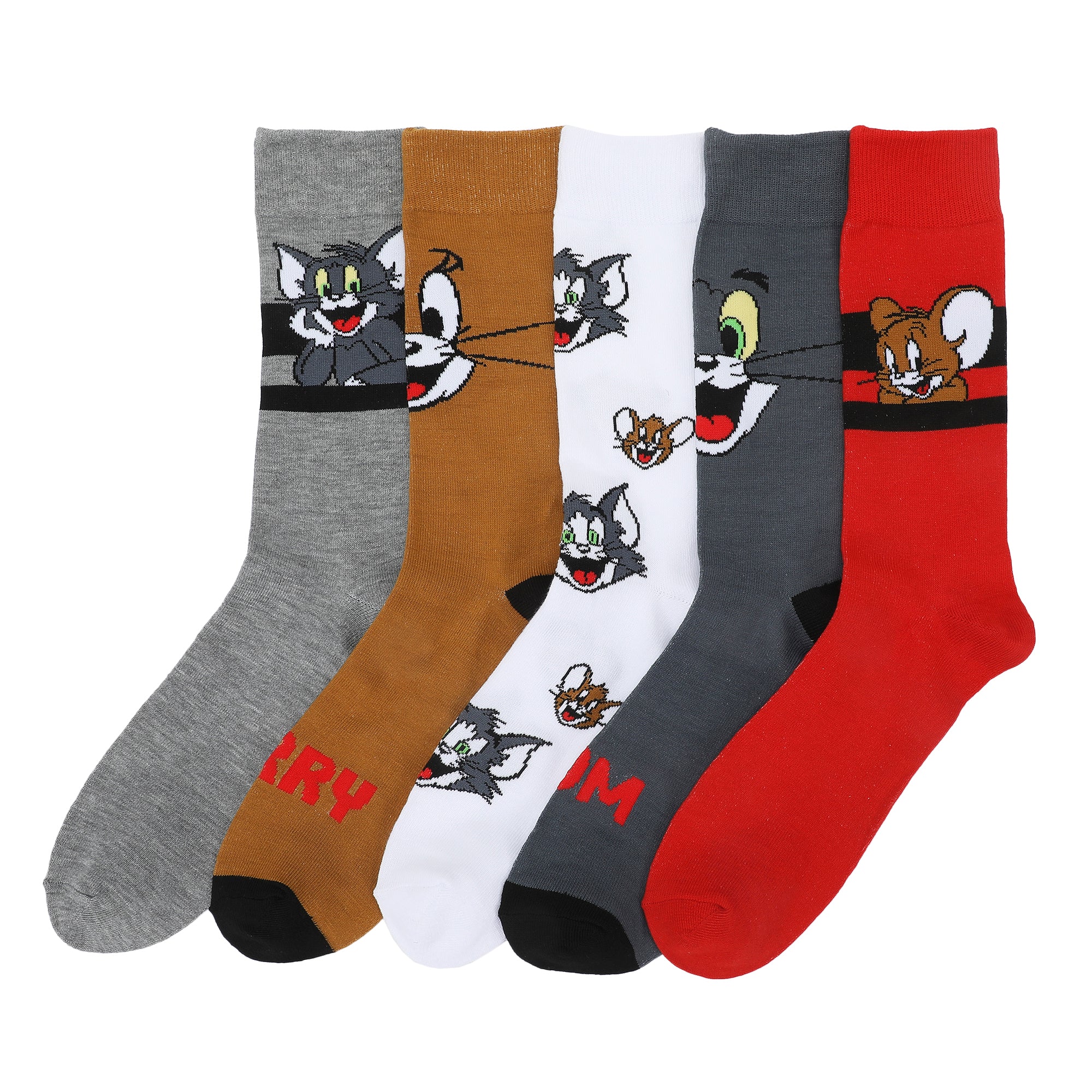 Tom & Jerry Character Big Face Men's Casual Crew Socks (Pack of 5)