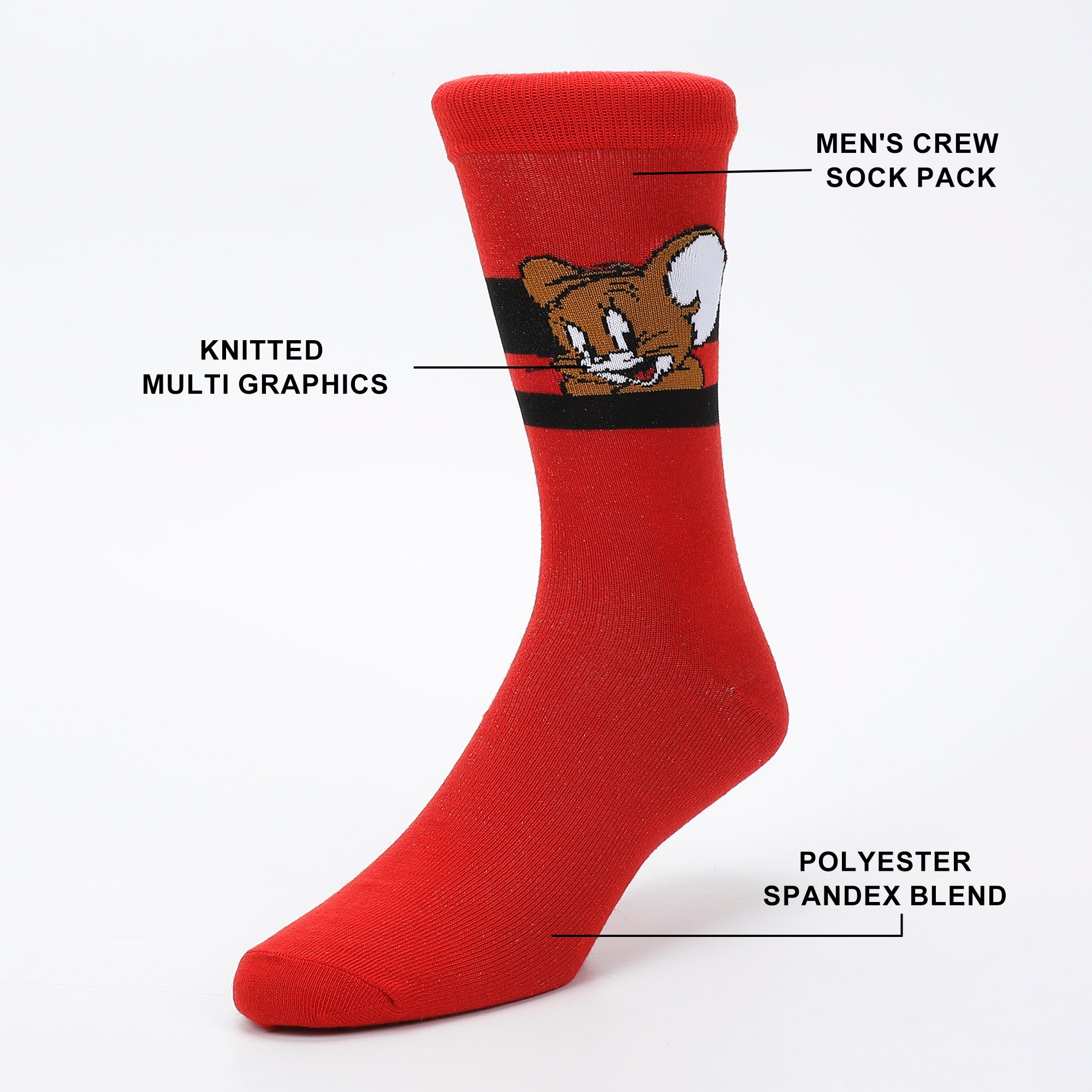 Tom & Jerry Character Big Face Men's Casual Crew Socks (Pack of 5)