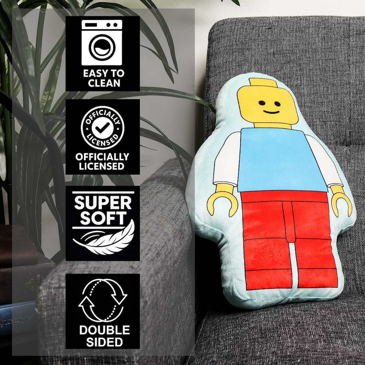 Official Lego Figure Shaped Cushion Pillow | Reversible Design Stuffed