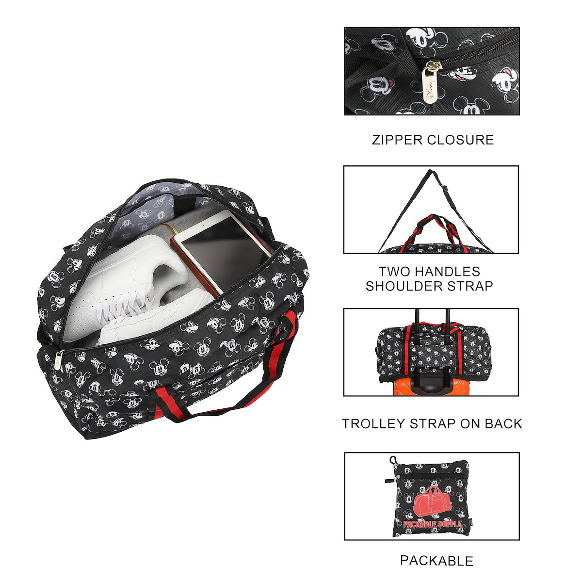 Disney Mickey Mouse Faces All-Over Print Black 21" Packable Duffel