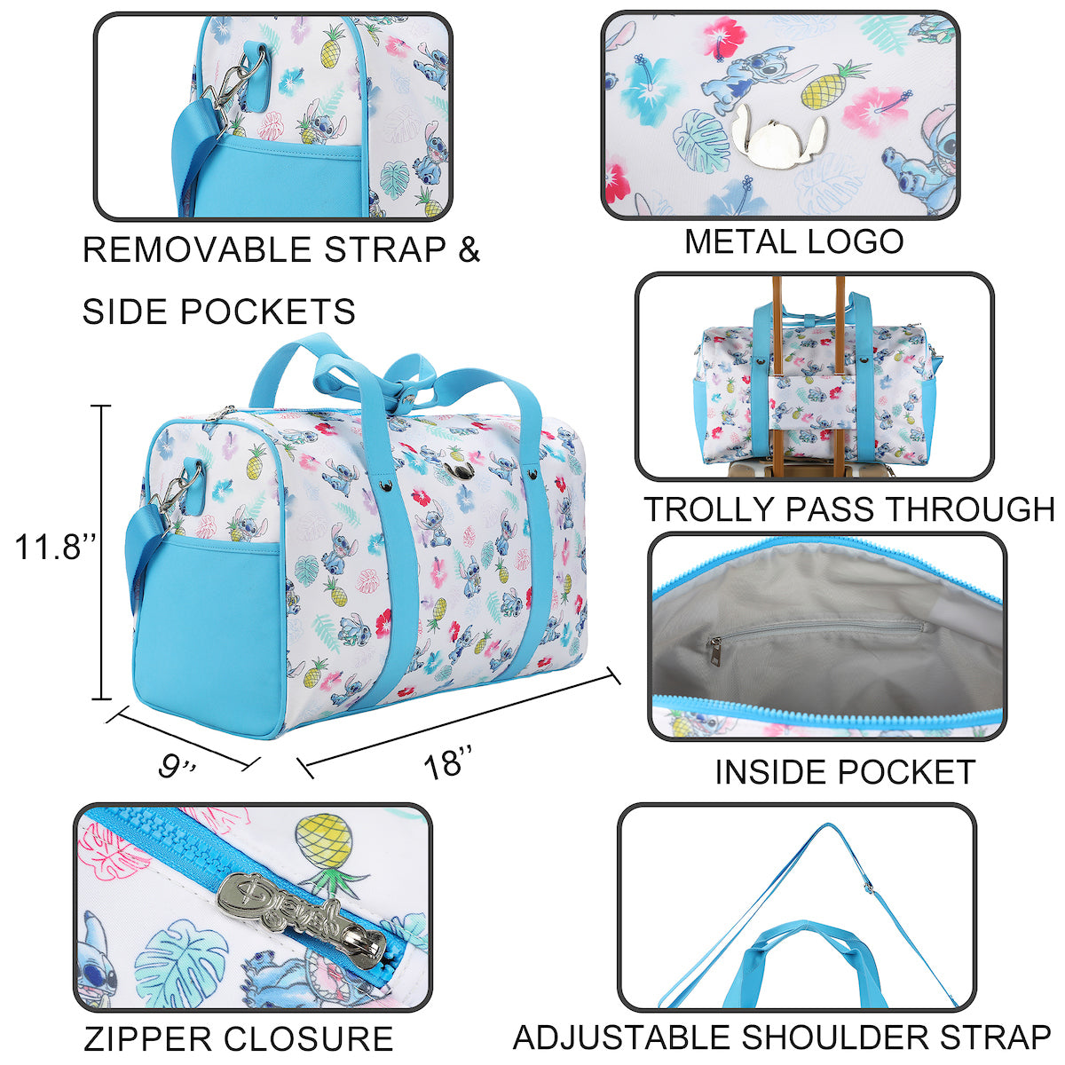 Disney Stitch Tropical Watercolor Print White 18" Duffle Bag