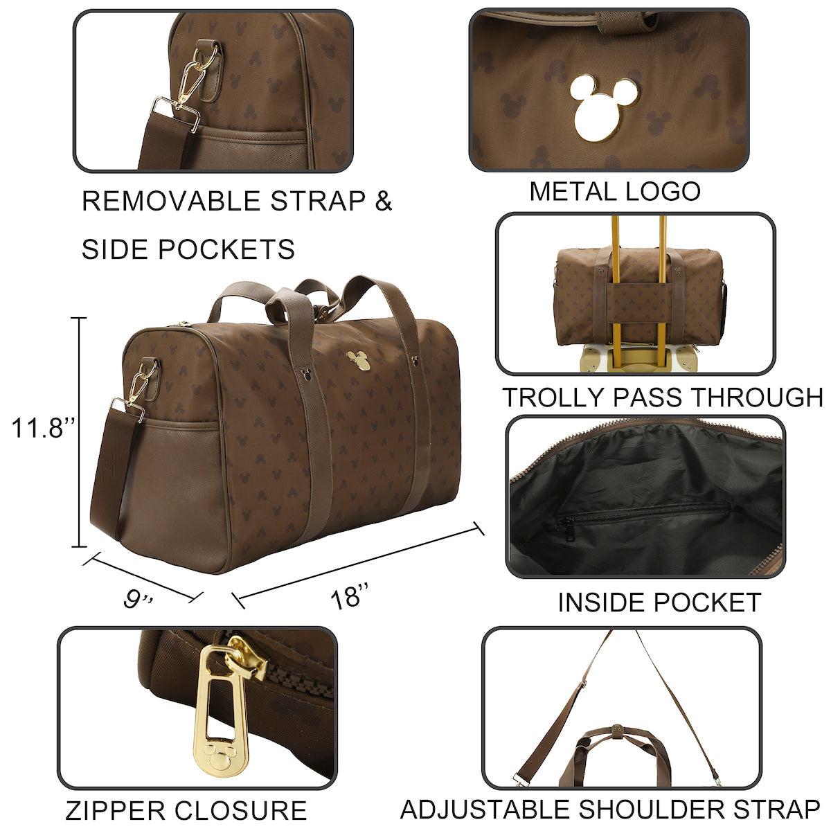 Disney Mickey Mouse Ears Brown 18" Duffle Bag