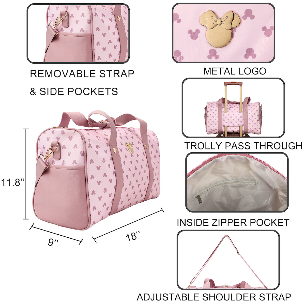 Disney Minnie Mouse Ears Pink 18" Duffle Bag