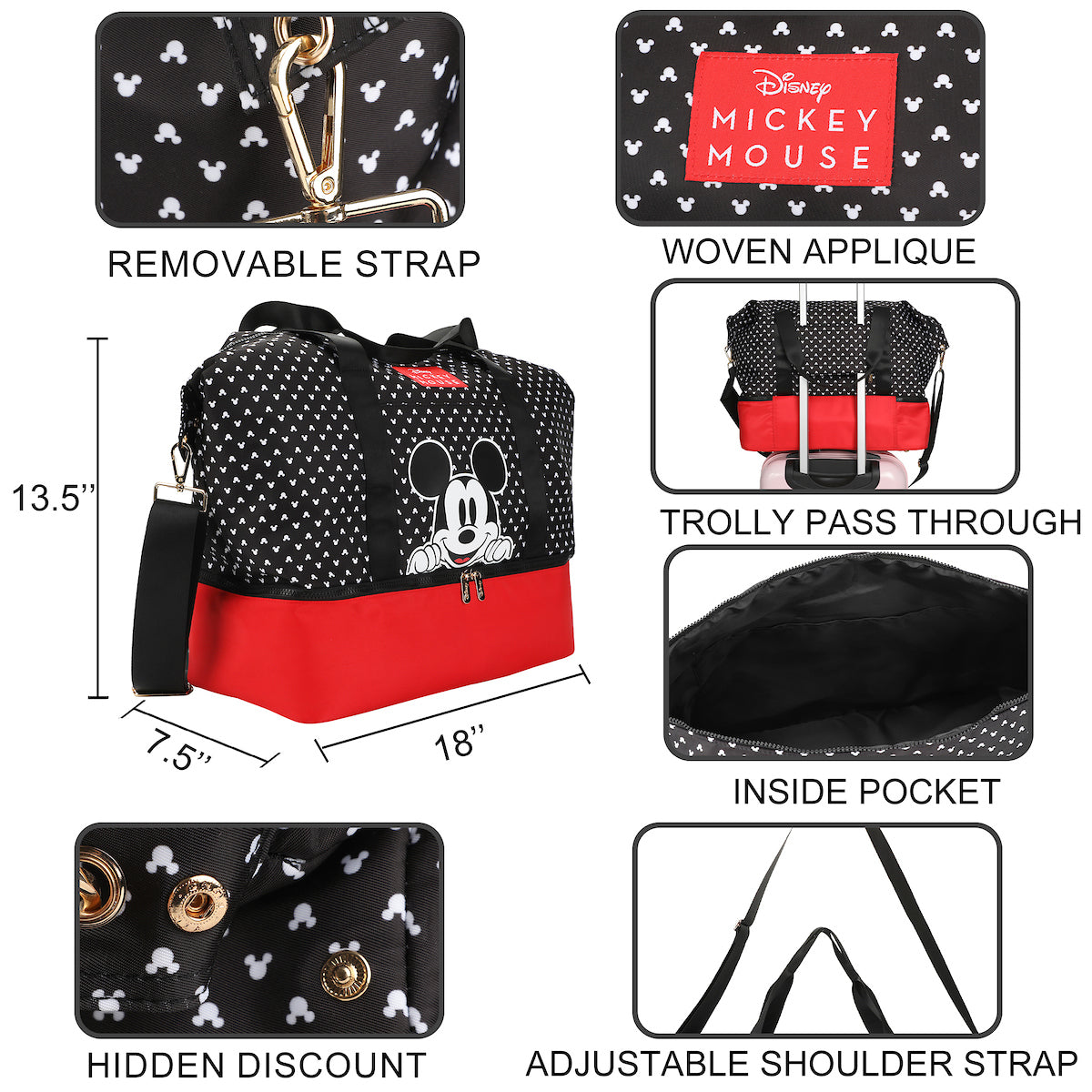 Disney Mickey Mouse Peeking Black 18" Nylon Duffle Bag