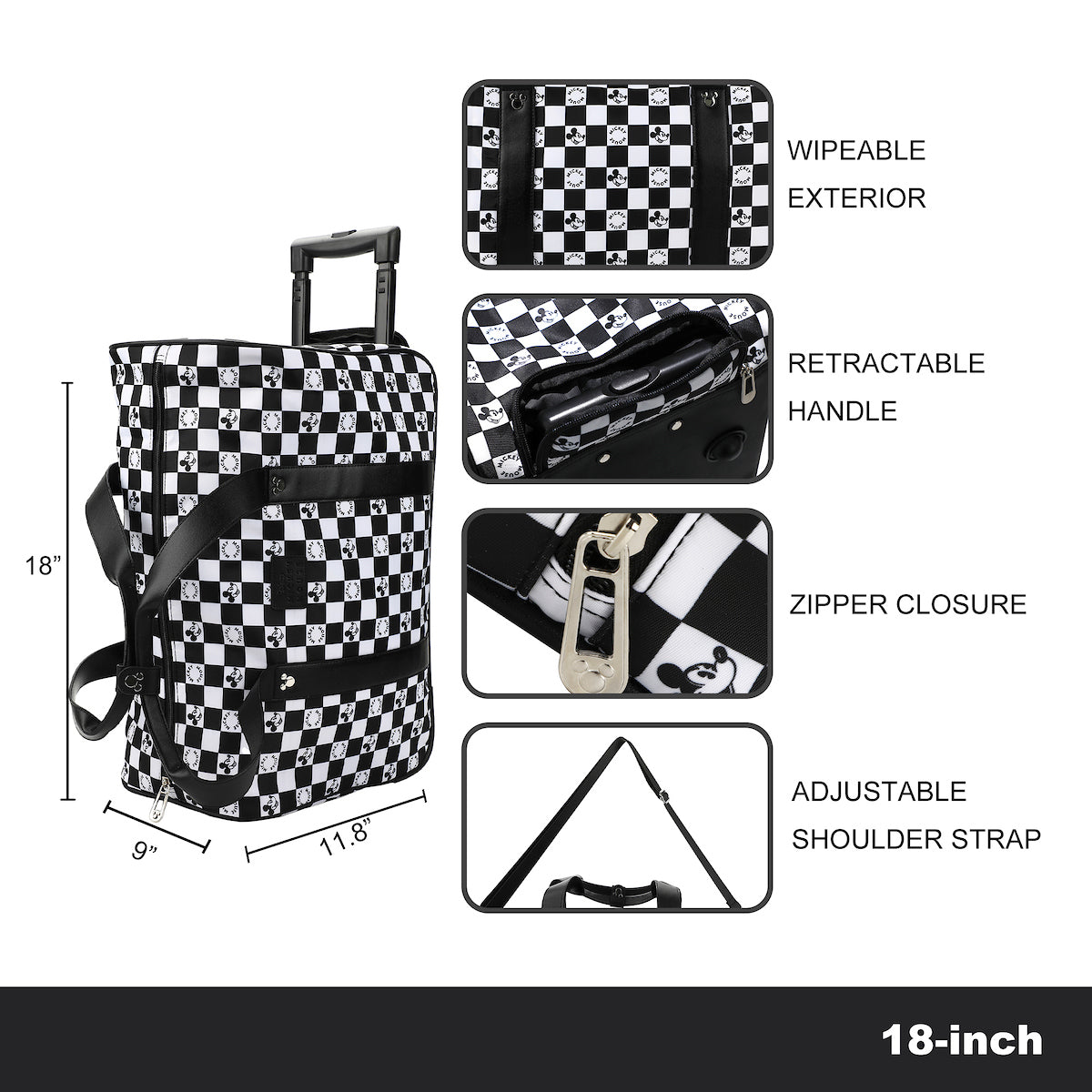 Disney Mickey Mouse Heads Black & White Checkered 18" Duffle Bag
