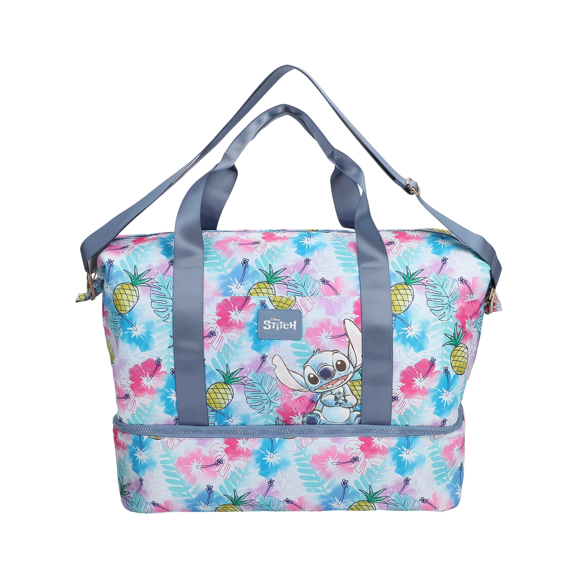 Disney Stitch Embroidered Character Art On Tropical Print 17.5" Duffle Bag