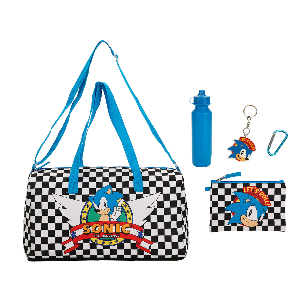 Sonic The Hedgehog Classic 5-Pc Duffle Bag, Utility Case, Water Bottle, Key Chain and Carabiner
