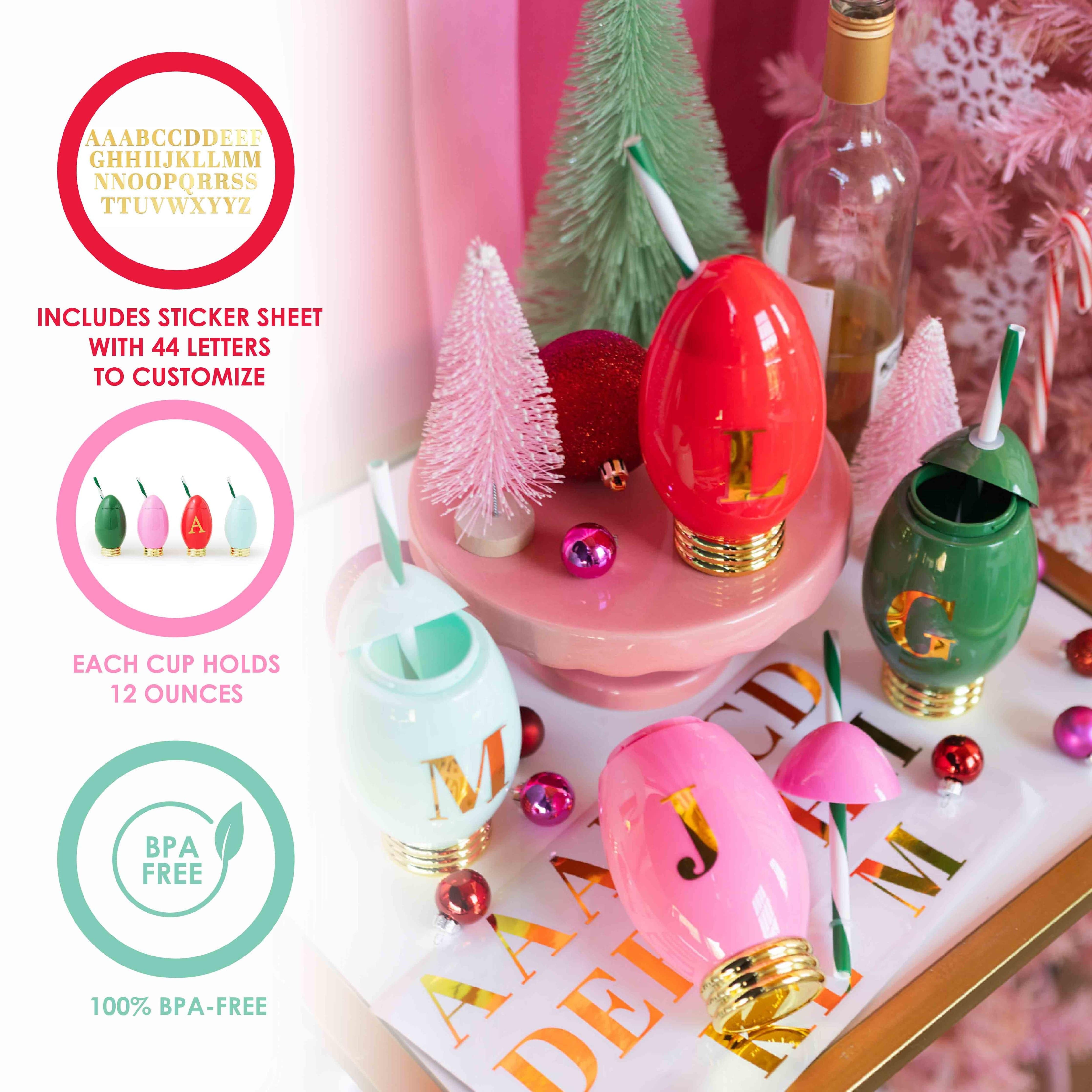 Packed Party Extra Bright Customizable Holiday Light Sippers Set of 4 – 12 oz Personalized Bulb-Shaped Cups with 41 Gold Vinyl Stickers, BPA-Free, Spill-Proof
