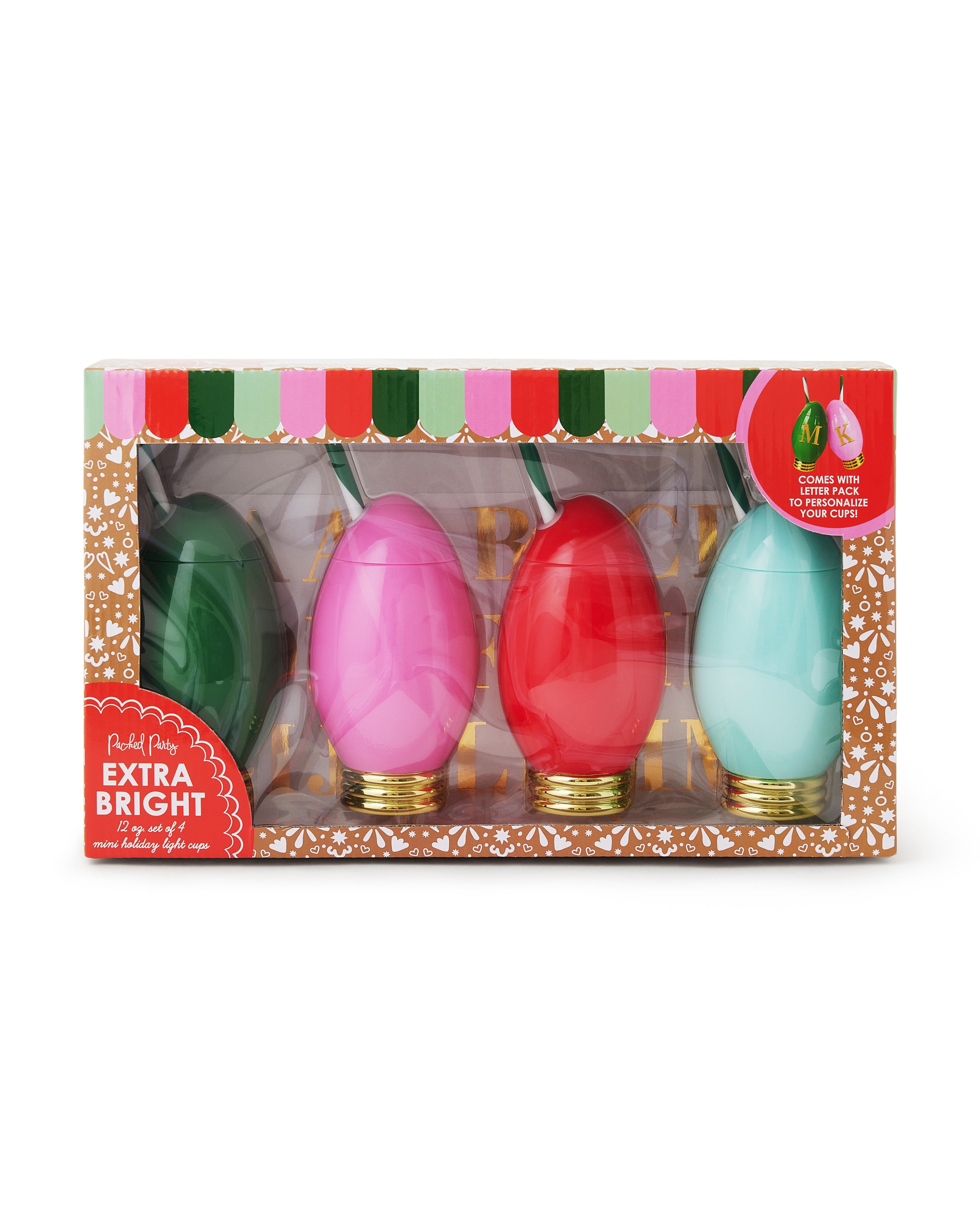 Packed Party Extra Bright Customizable Holiday Light Sippers Set of 4 – 12 oz Personalized Bulb-Shaped Cups with 41 Gold Vinyl Stickers, BPA-Free, Spill-Proof
