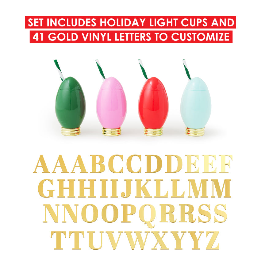 Packed Party Extra Bright Customizable Holiday Light Sippers Set of 4 – 12 oz Personalized Bulb-Shaped Cups with 41 Gold Vinyl Stickers, BPA-Free, Spill-Proof