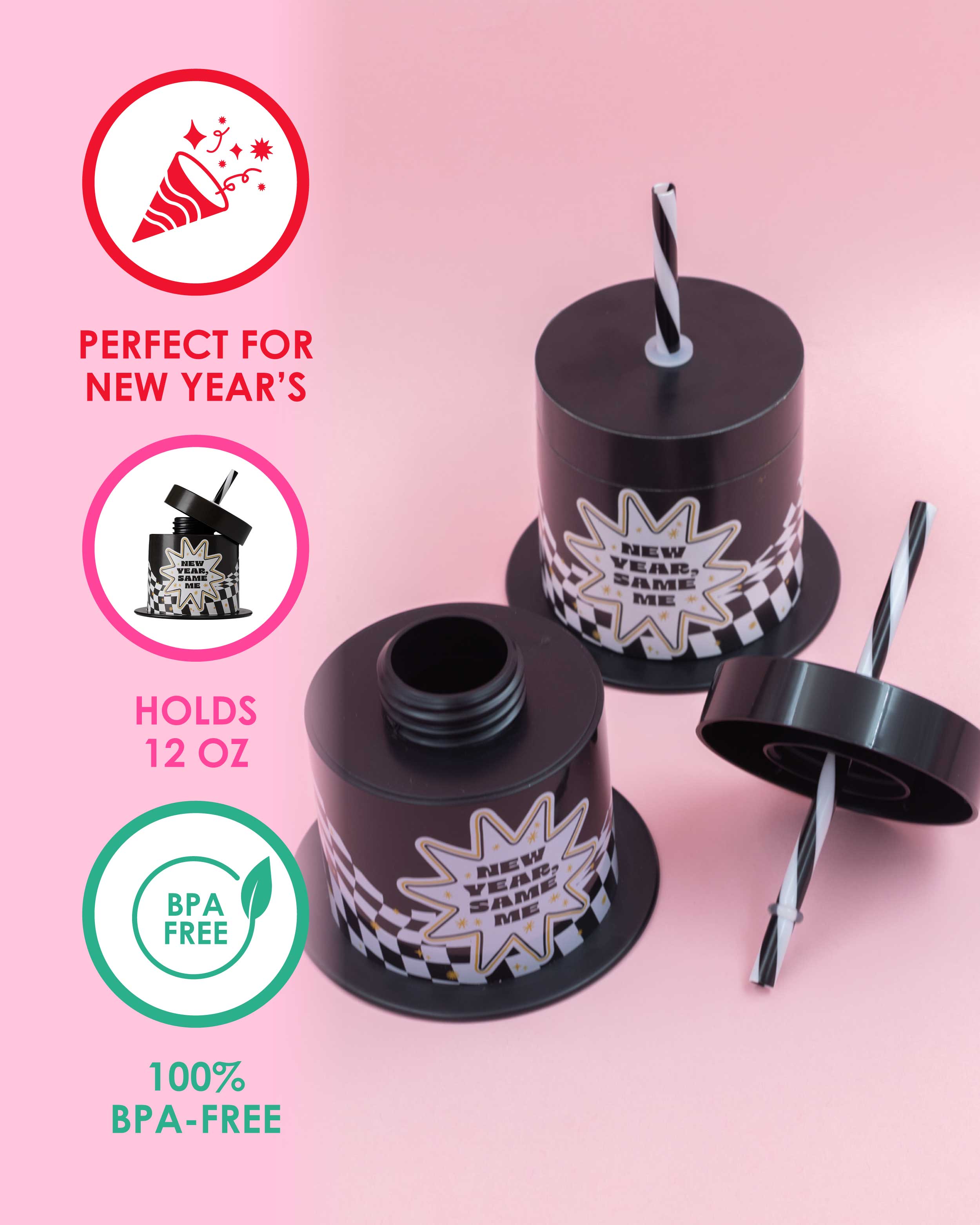 New Year Same Me 2-Pack Top Hat 14 Oz Novelty Sippers