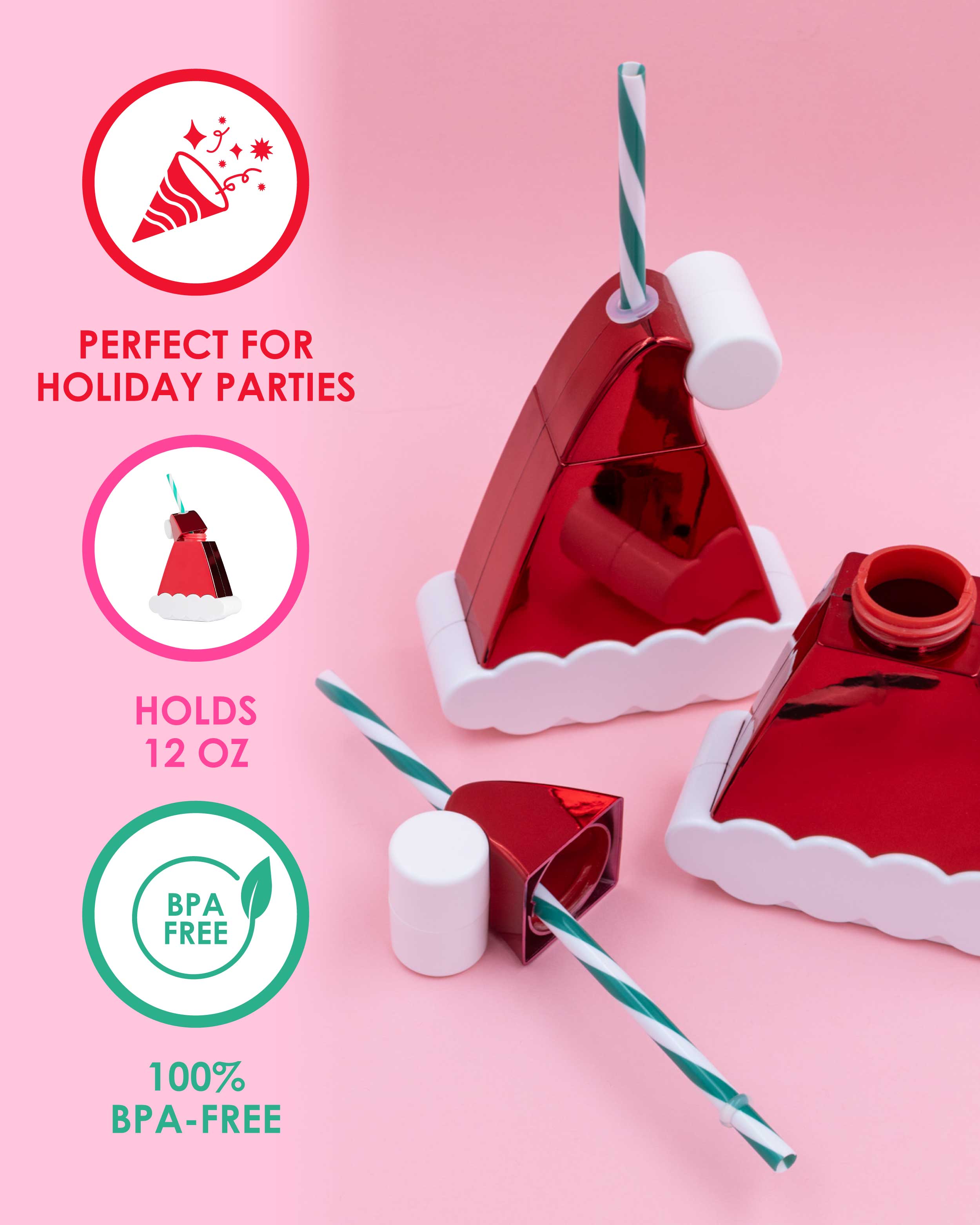 Packed Party Santa Hat Novelty Christmas Drink Sipper Cup – 13.5 oz BPA-Free Electroplated Holiday Cup with Striped Reusable Straw