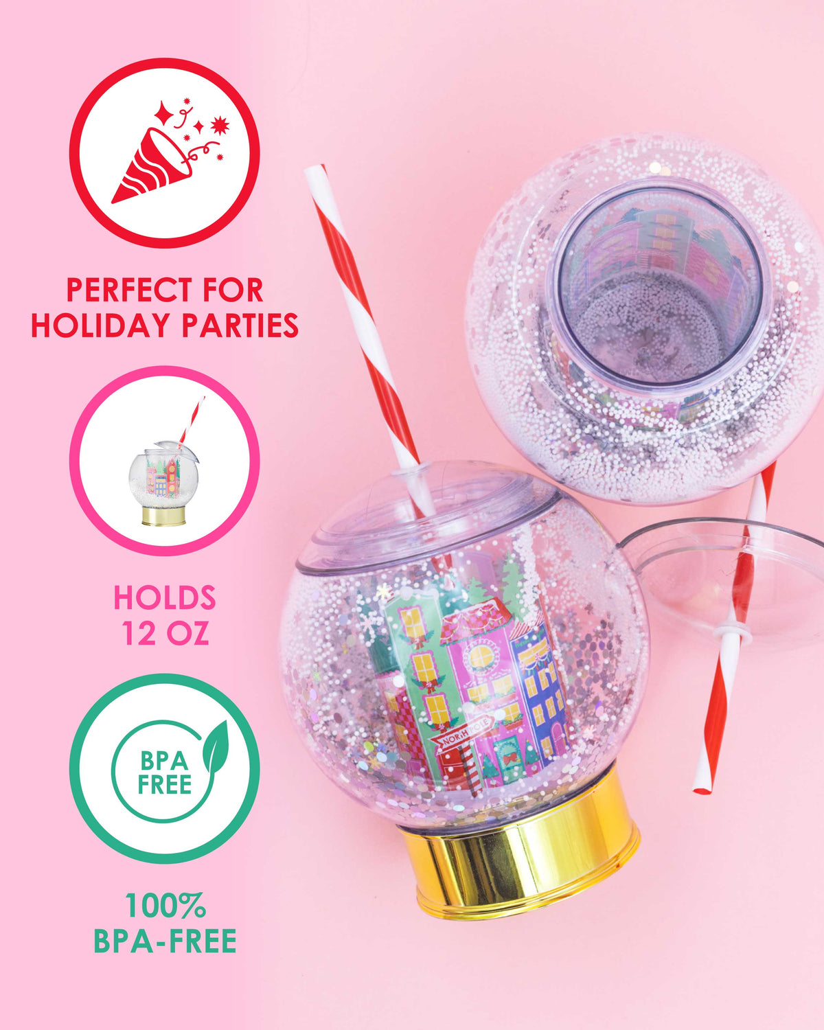 Packed Party Snow Globe Christmas Novelty Drink Sipper - 12 oz BPA-Free Shakeable Holiday Village Cup with Confetti Snow and Reusable Straw