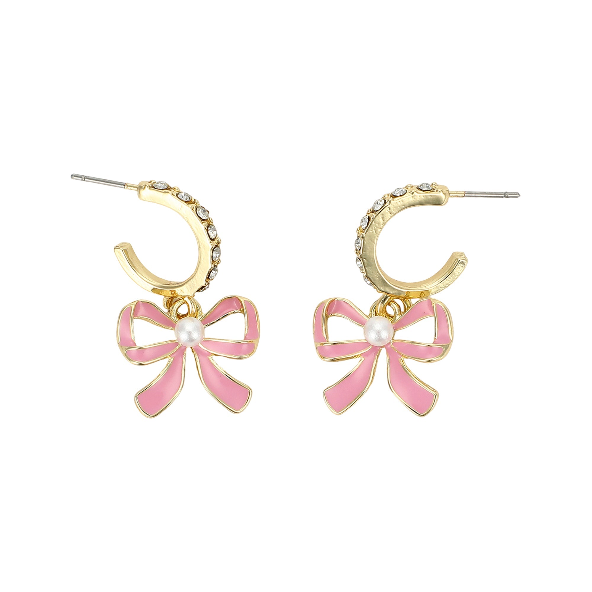 Packed Party Pretty in Pink Bow Earrings - Hypoallergenic Gold-Tone Hoop Post with Pink Enamel Bow and Stone Pearl Detail, 1.5 Inch