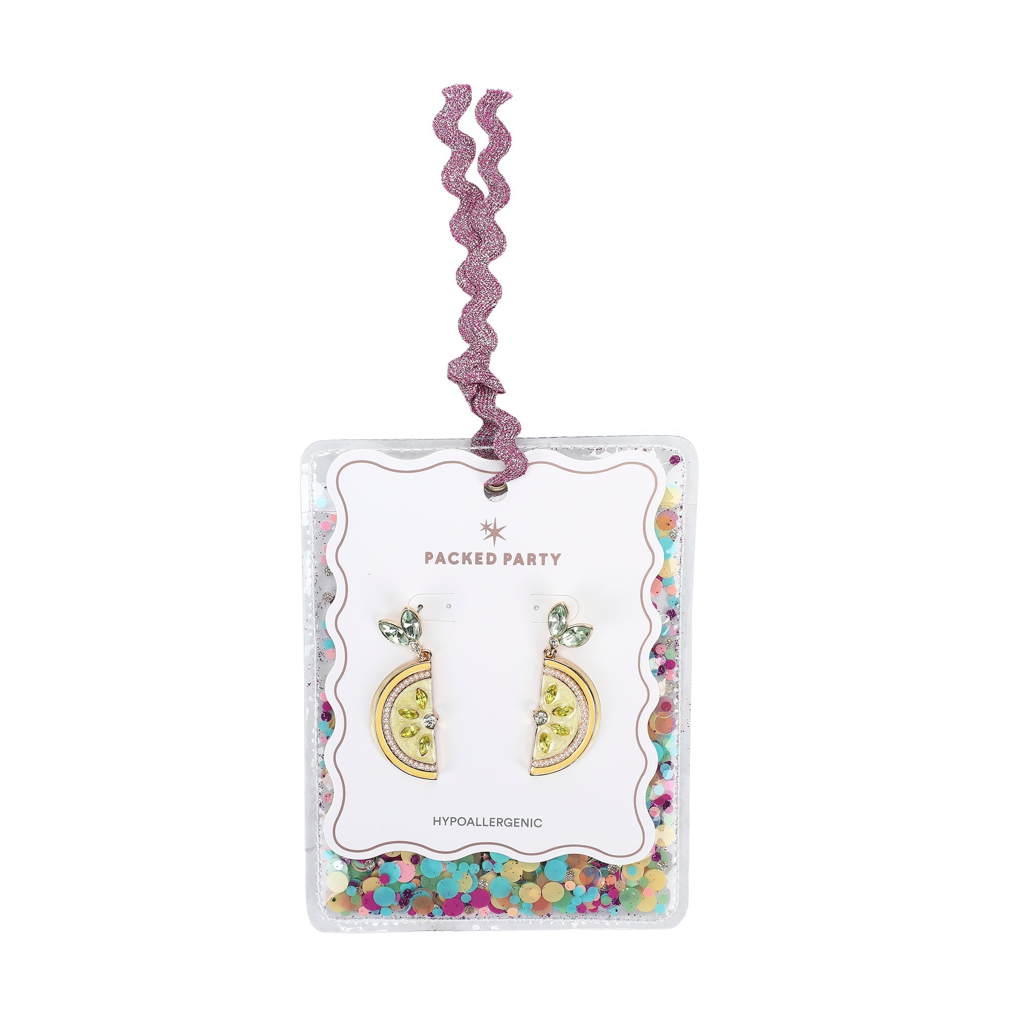 Packed Party Lemon Slice Rhinestone Drop Earrings - Hypoallergenic Gold-Tone Post with Enamel Lemon and Stone Leaf Accents, 1.5 Inch
