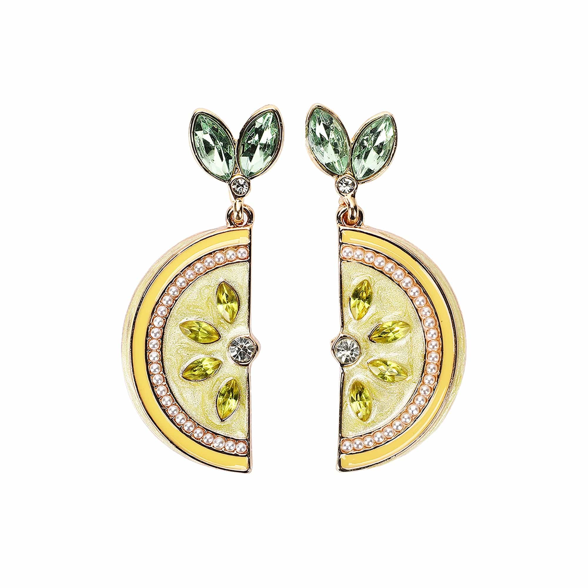 Packed Party Lemon Slice Rhinestone Drop Earrings - Hypoallergenic Gold-Tone Post with Enamel Lemon and Stone Leaf Accents, 1.5 Inch