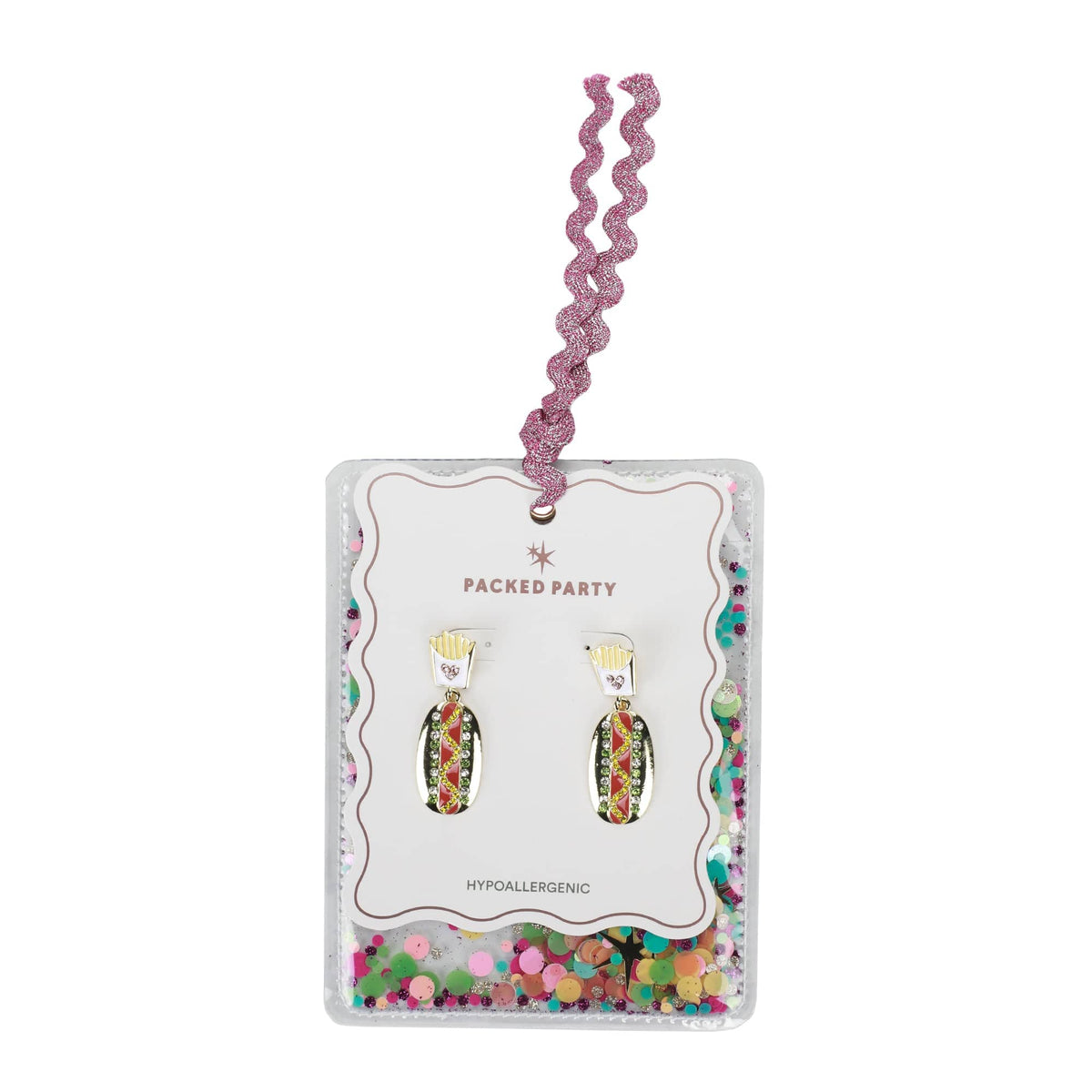 Packed Party Hot Dog and Fries Rhinestone Drop Earrings - Hypoallergenic Gold-Tone Post with Enamel Epoxy Novelty Design, 1.75 Inch