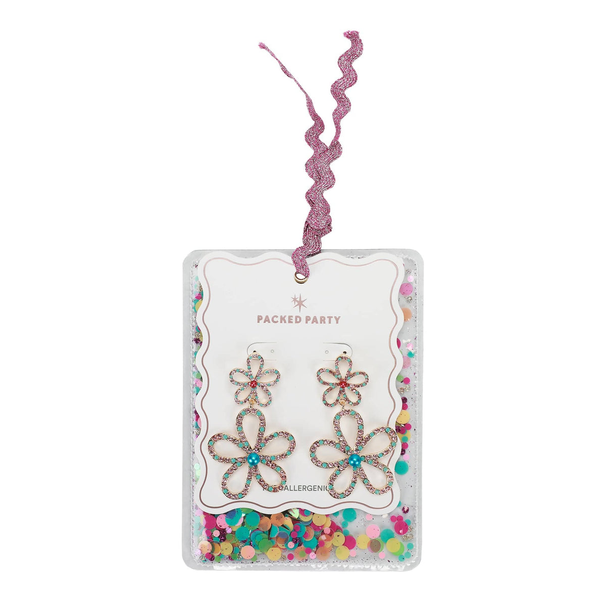 Packed Party Flower Power Rhinestone Drop Earrings - Hypoallergenic Gold-Tone Layered Floral Statement Earrings with Multicolor Stones, 1.75 Inch