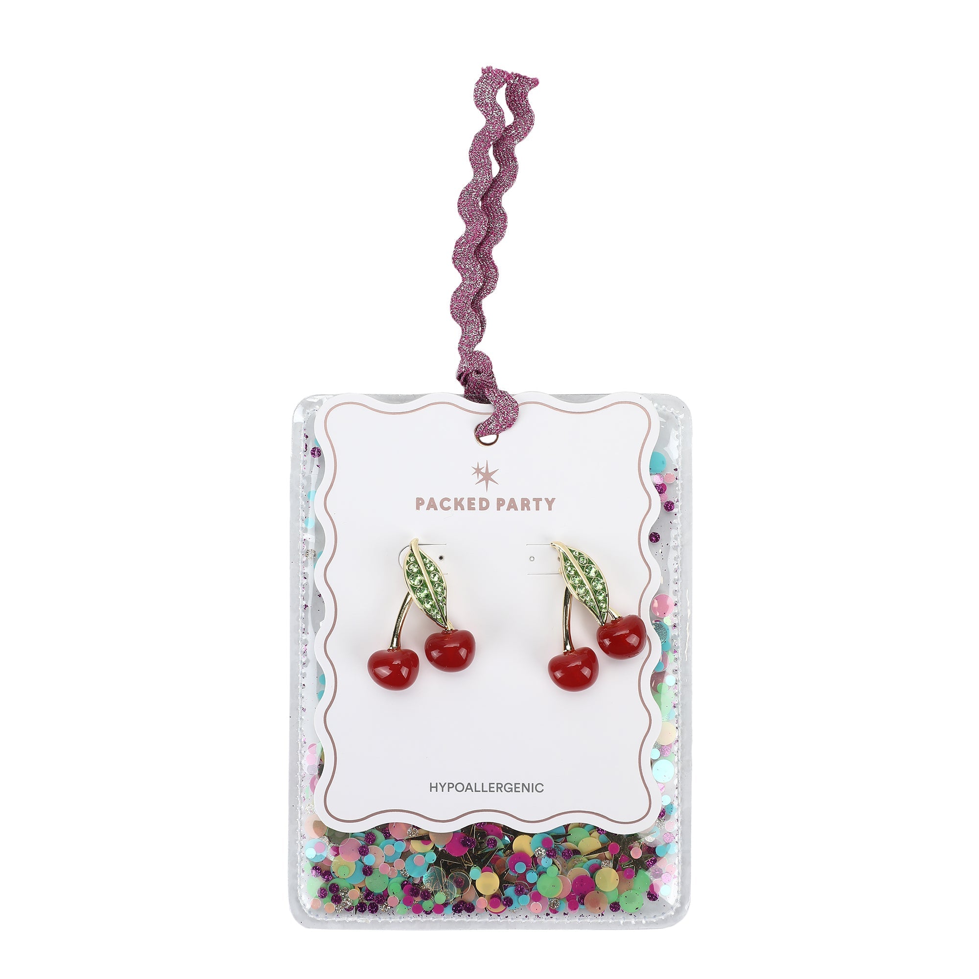 Packed Party Cherry Rhinestone Drop Earrings - Hypoallergenic Gold-Tone Post with Glossy Enamel Cherries and Sparkling Stone Accents, 1.5 Inch