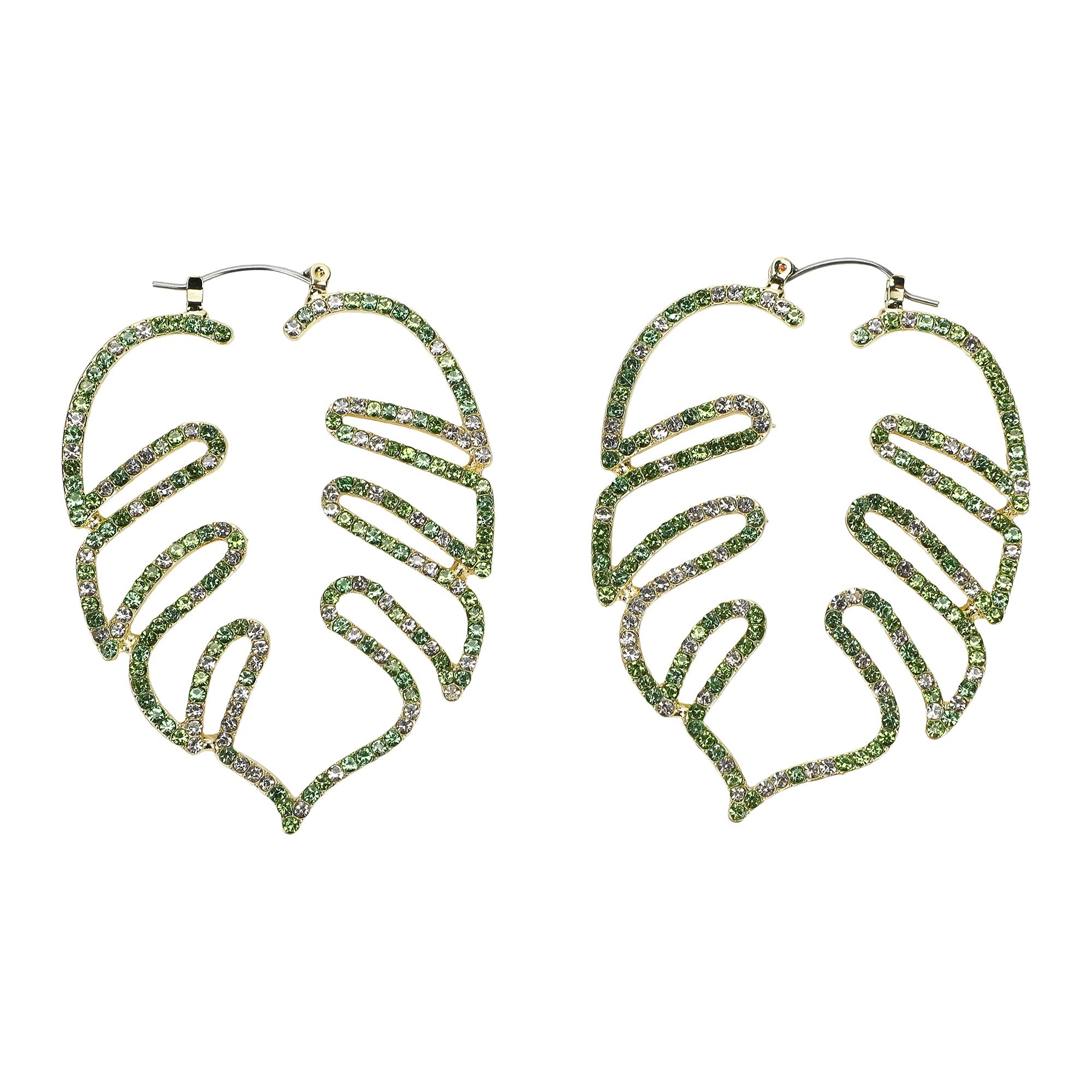 Packed Party Palm Paradise Leaf Rhinestone Earrings - Hypoallergenic Snap Lever Hoop, Gold Metal Palm Leaf with Multicolor Rhinestones, 2.5x1.9 Inch