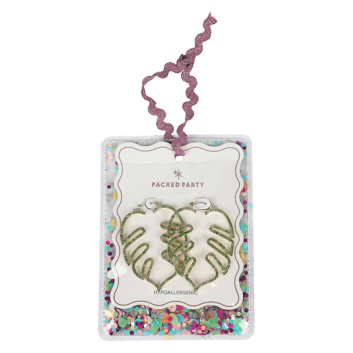 Packed Party Palm Paradise Leaf Rhinestone Earrings - Hypoallergenic Snap Lever Hoop, Gold Metal Palm Leaf with Multicolor Rhinestones, 2.5x1.9 Inch