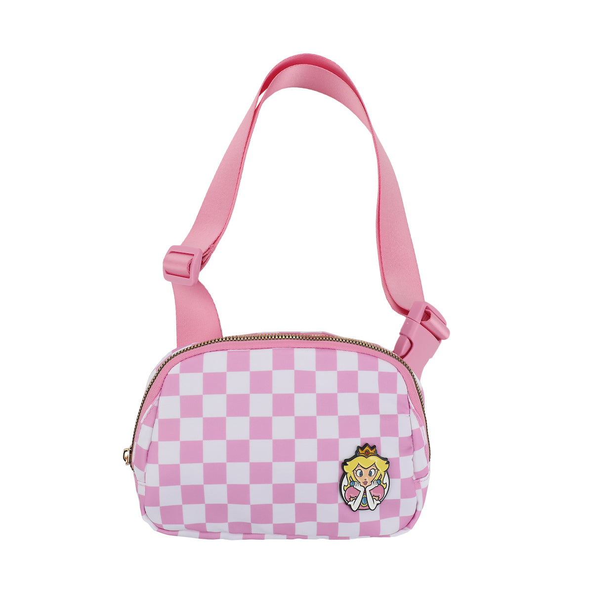 Super Mario Bros Princess Peach 7.5" Pink & White Checkered Quilted Fanny Pack