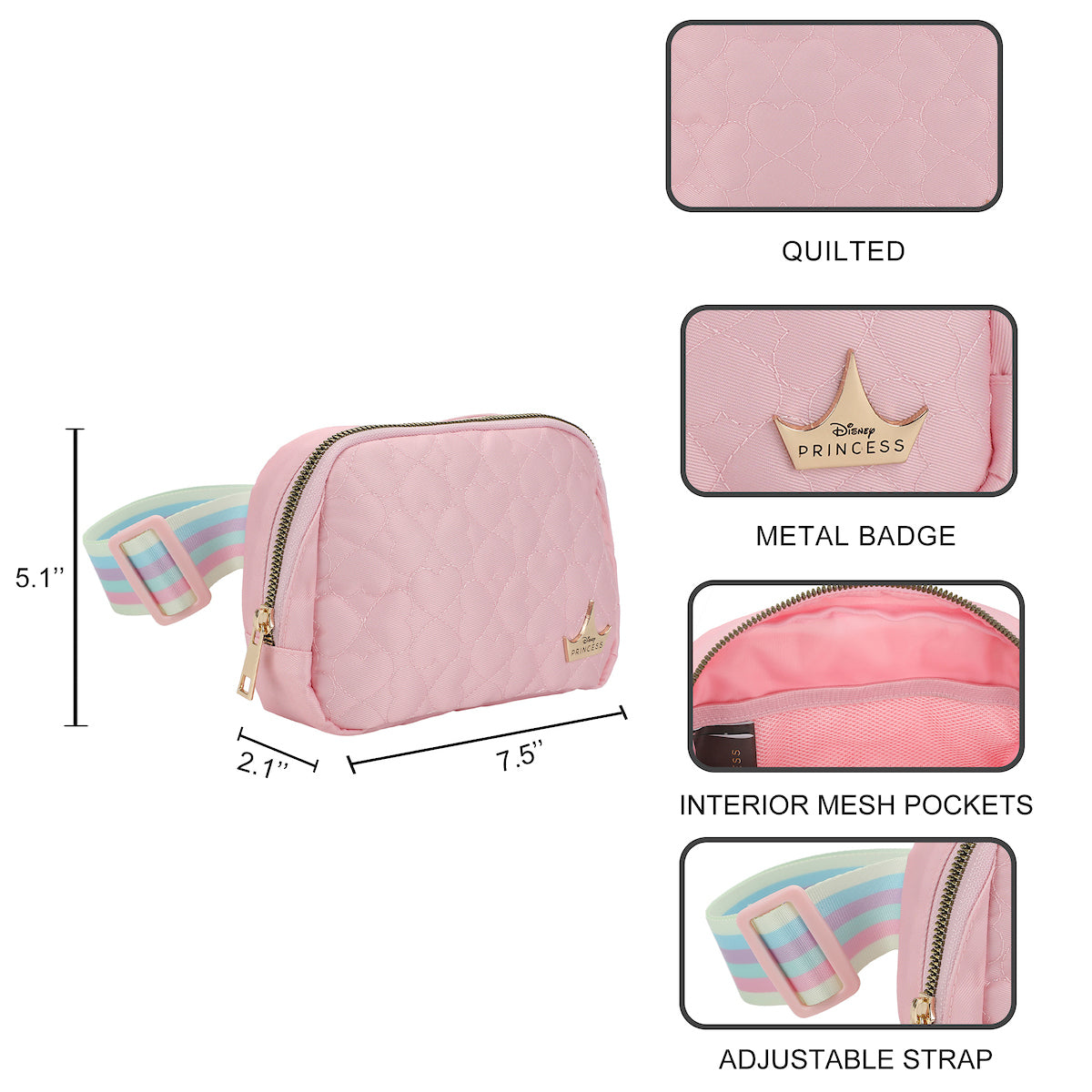 Disney Princess Crown & Hearts Pink Quilted Fanny Pack