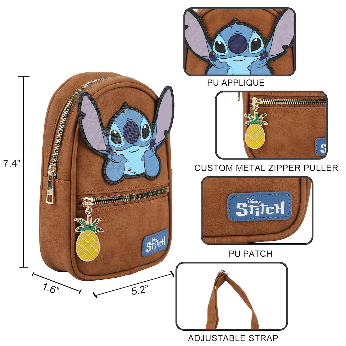Stitch Applique Character Art 7.4" Brown Sling Bag