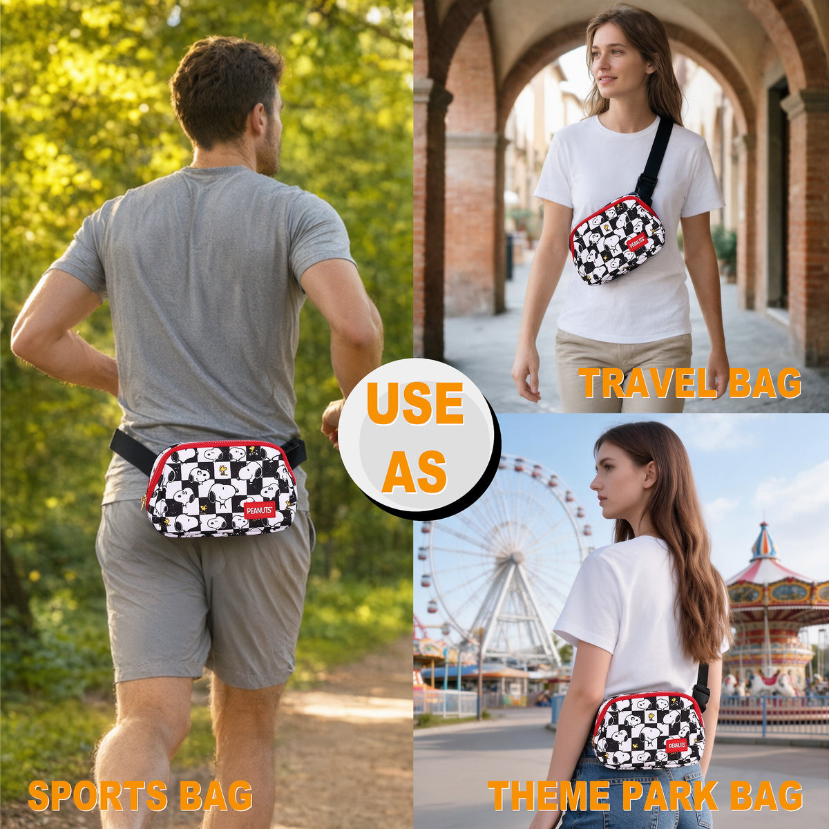 Snoopy Woodstock Checkered Sublimated Nylon AOP Adult Fanny Pack/Sling Bag