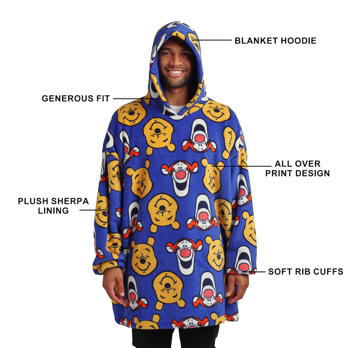 Winnie The Pooh Tigger & Pooh Faces Adult Blue Long Sleeve Sherpa-Lined Hooded Blanket