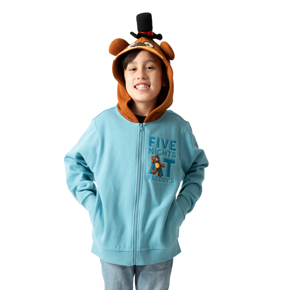 Five Nights At Freddy's Big Face Freddy Hood Long Sleeve Denim Heather Boy's Hooded Sweatshirt