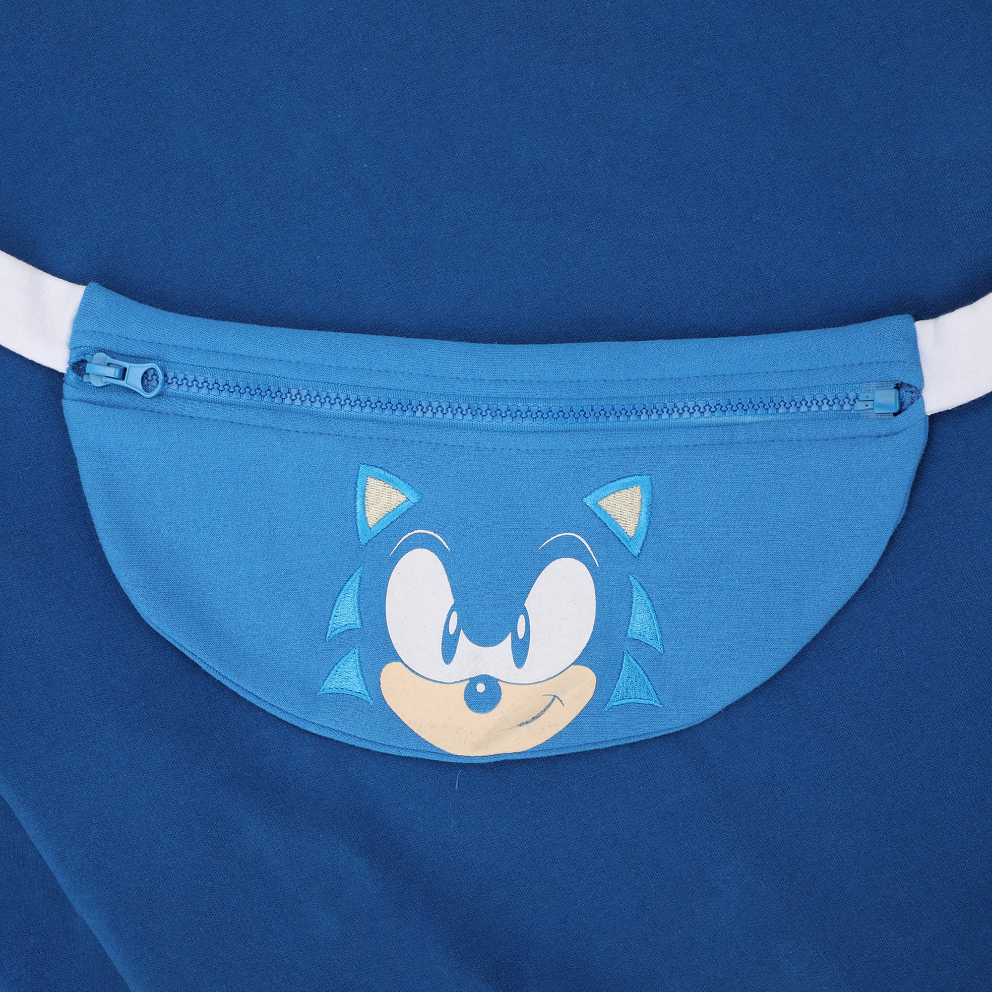 Sonic The Hedgehog Character Face Long Sleeve Boy's Blue Hooded Sweatshirt & Detachable Fanny Pack