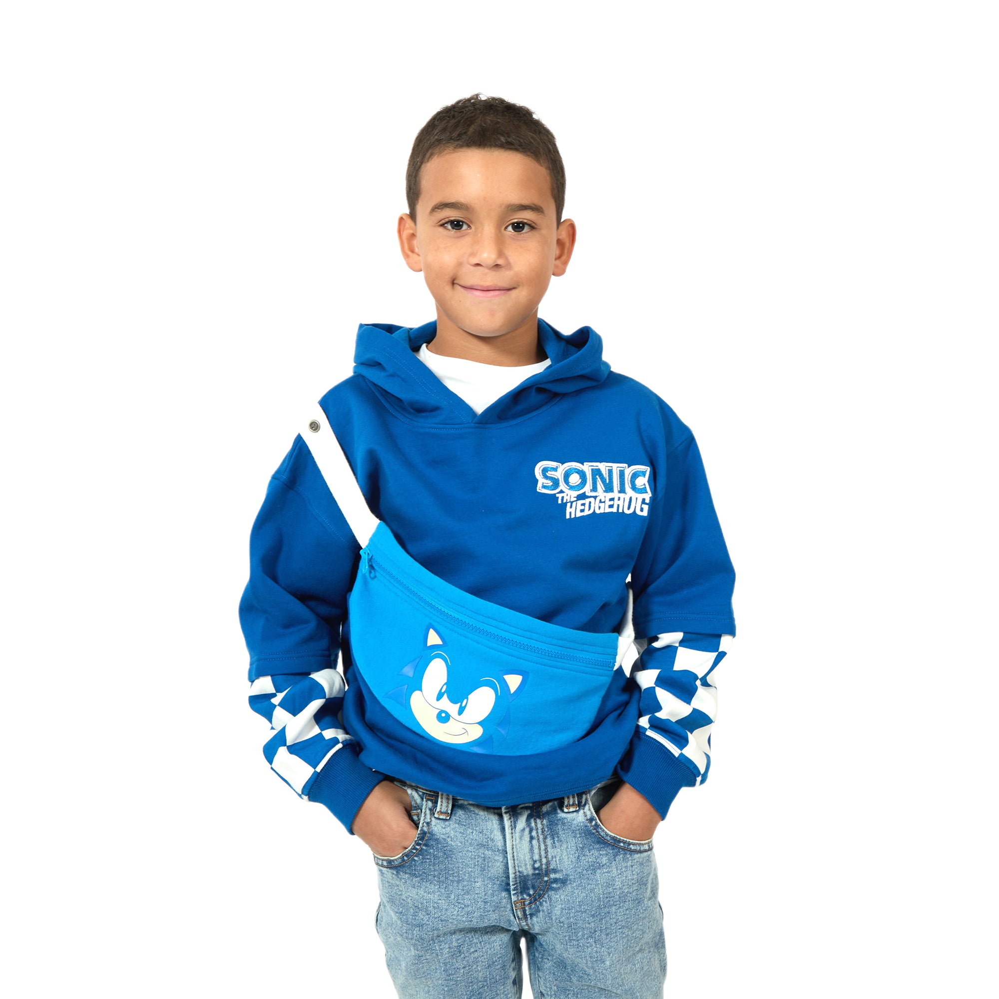 Sonic The Hedgehog Character Face Long Sleeve Boy's Blue Hooded Sweatshirt & Detachable Fanny Pack