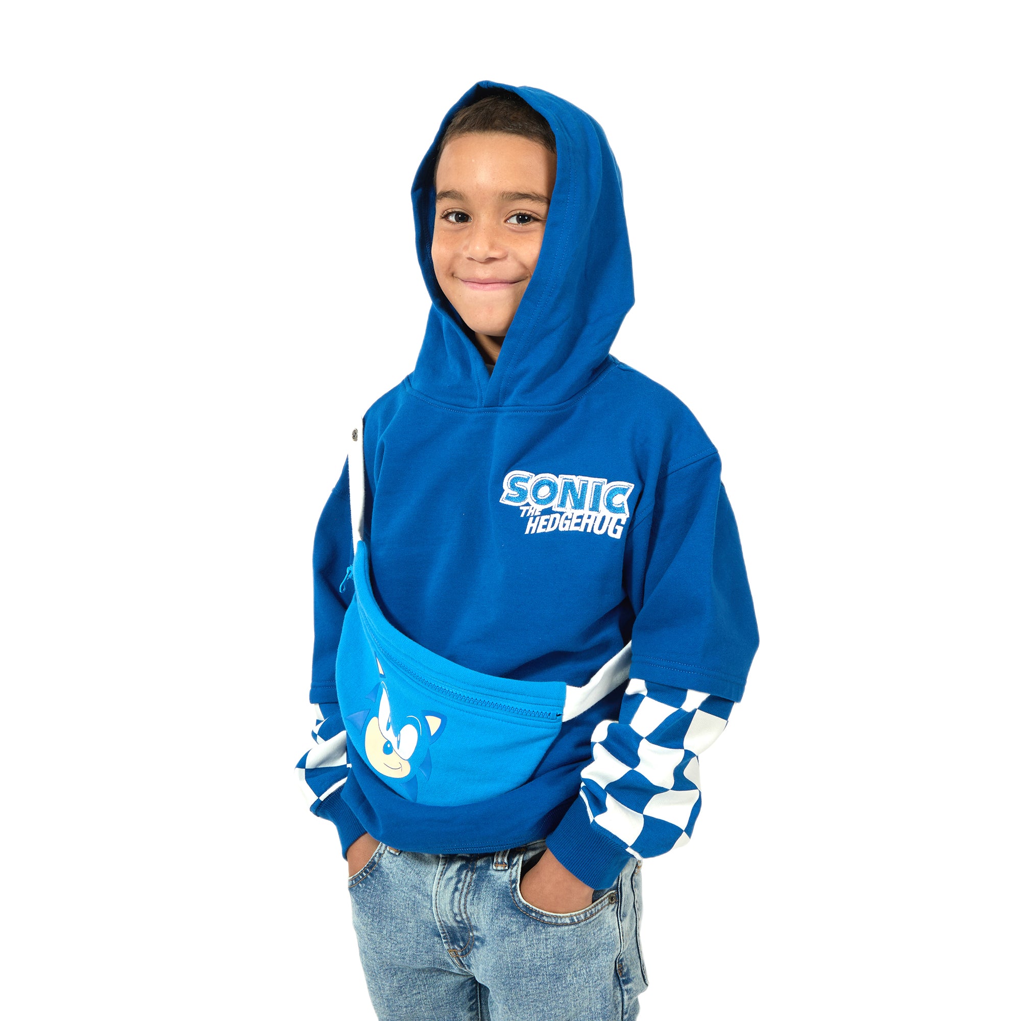 Sonic The Hedgehog Character Face Long Sleeve Boy's Blue Hooded Sweatshirt & Detachable Fanny Pack