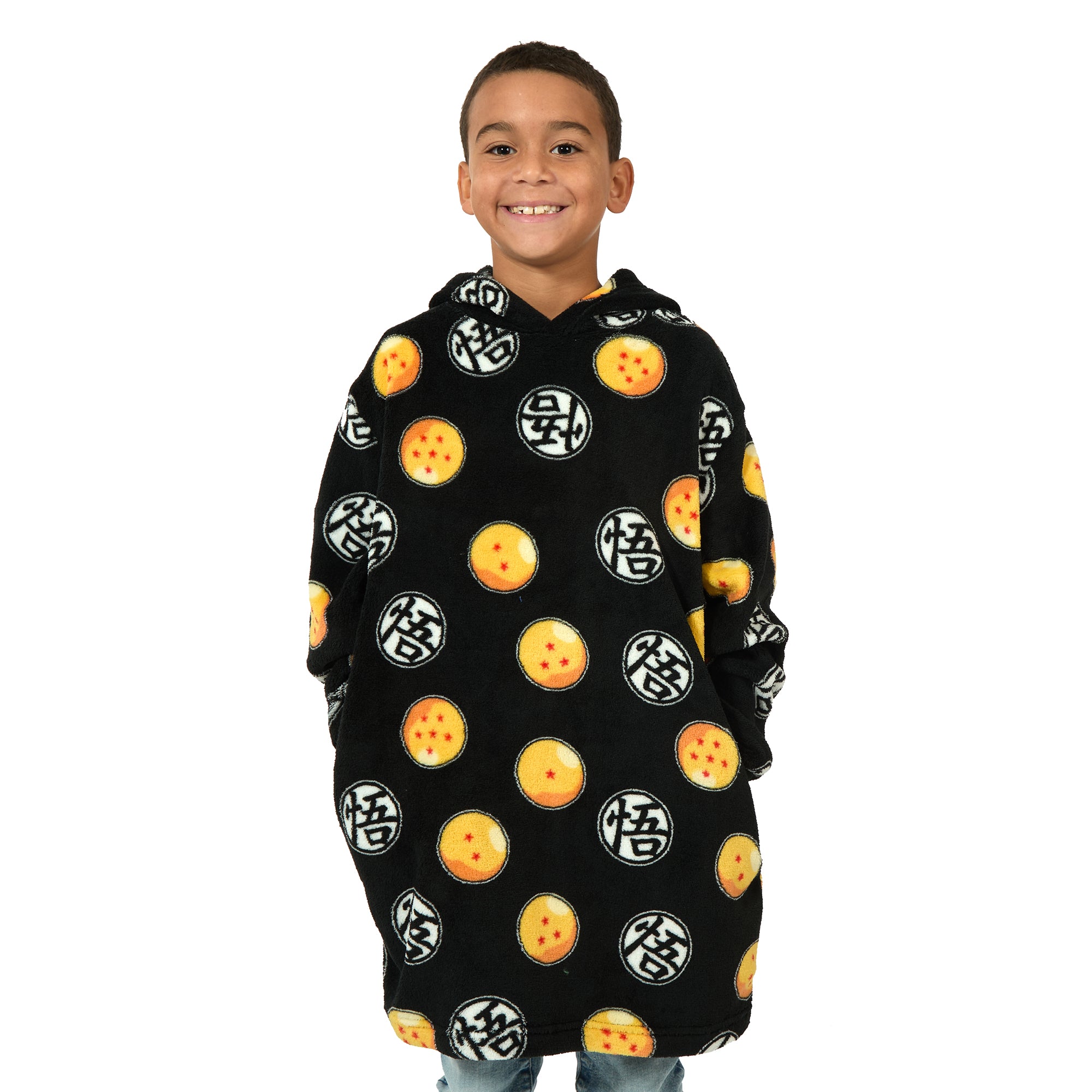 Dragon Ball Z Kanji & Dragon Ball All-Over Print Long Sleeve Boy's Black Kids Wearable Hoodie Blanket