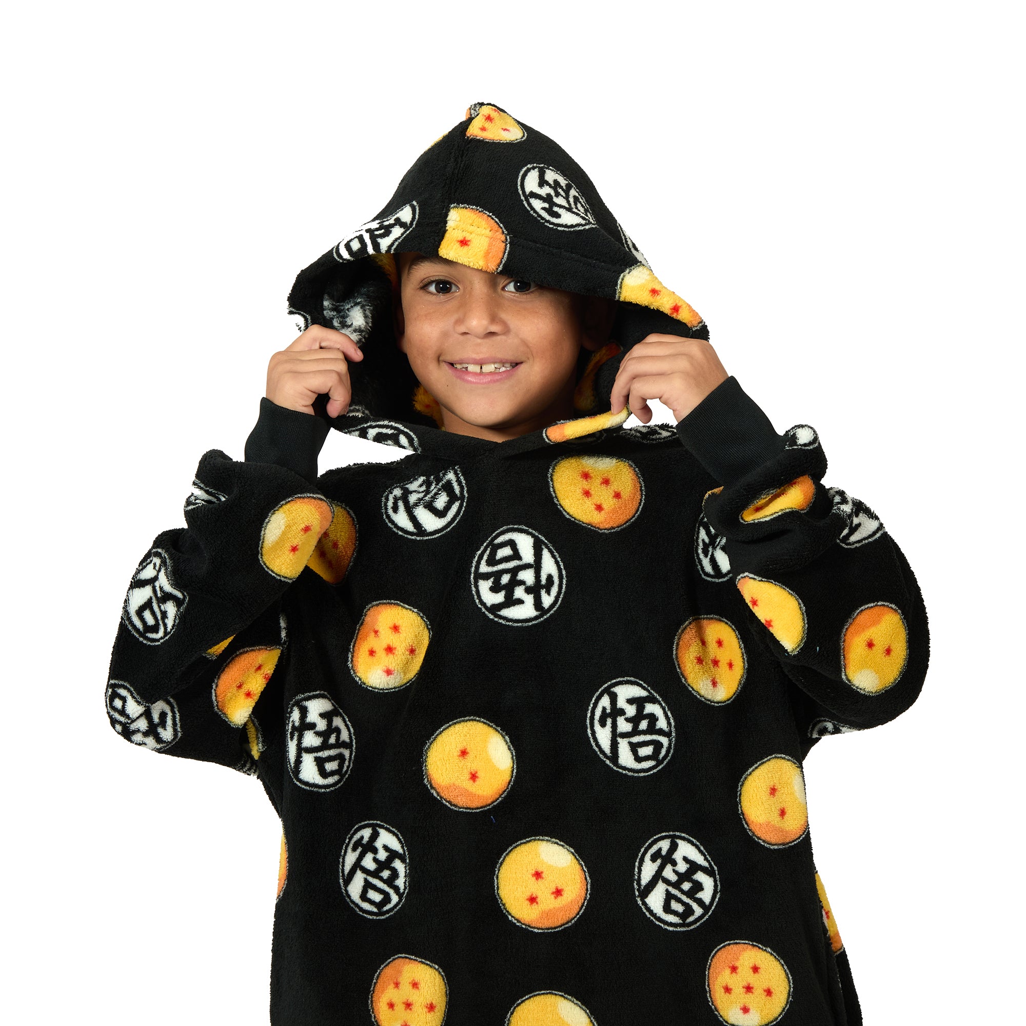 Dragon Ball Z Kanji & Dragon Ball All-Over Print Long Sleeve Boy's Black Kids Wearable Hoodie Blanket